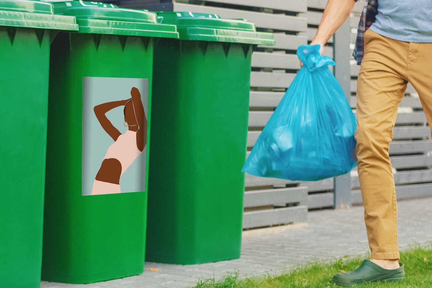 MuchoWow Wandsticker Frau - Sticker, Abstrakt Sommer Mülltonne, Container, - St), Abfalbehälter Mülleimer-aufkleber, (1