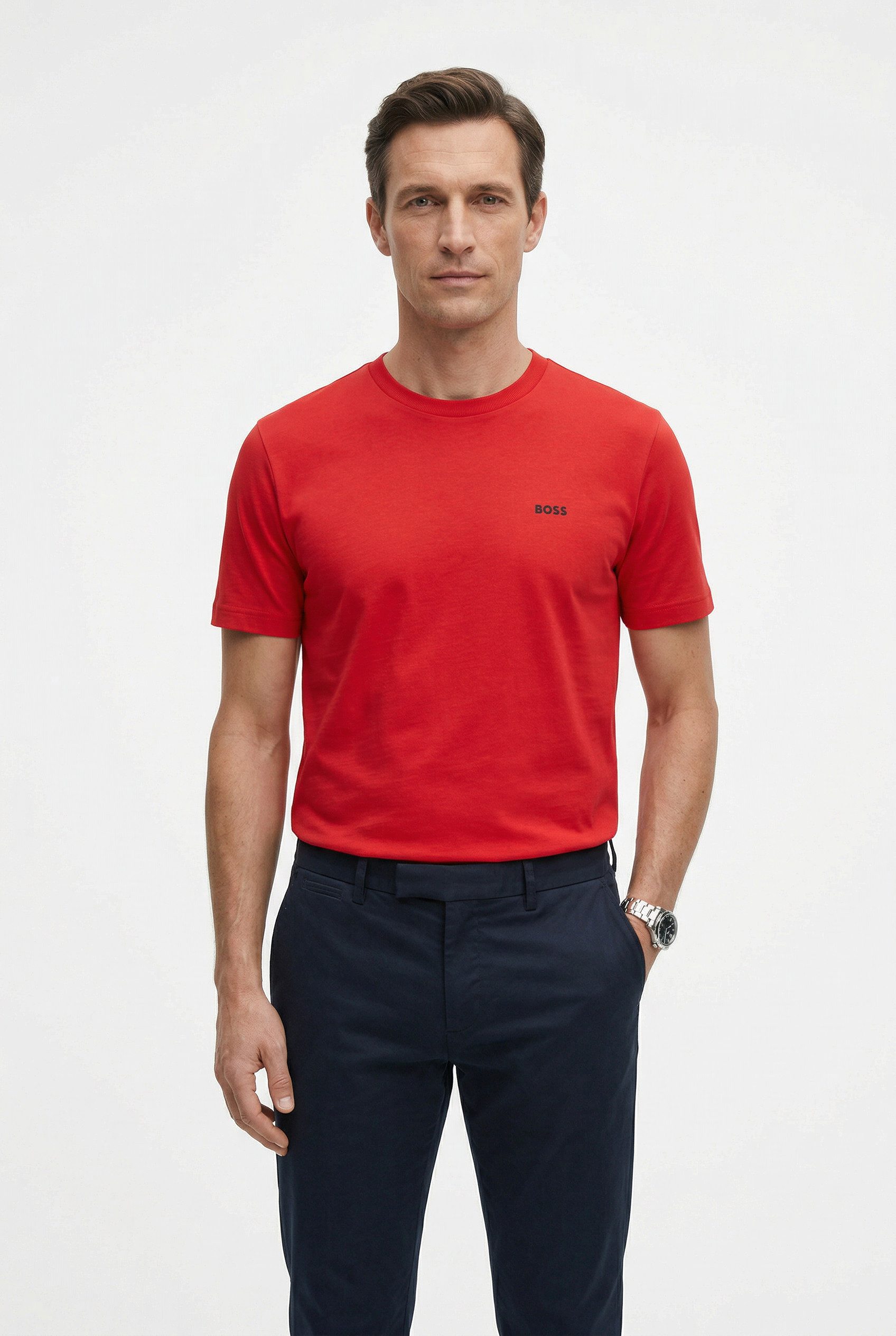 BOSS GREEN Rundhalsshirt Tee Regular Fit Stretch Jersey Cotton, Logo on Chest, Rundhals
