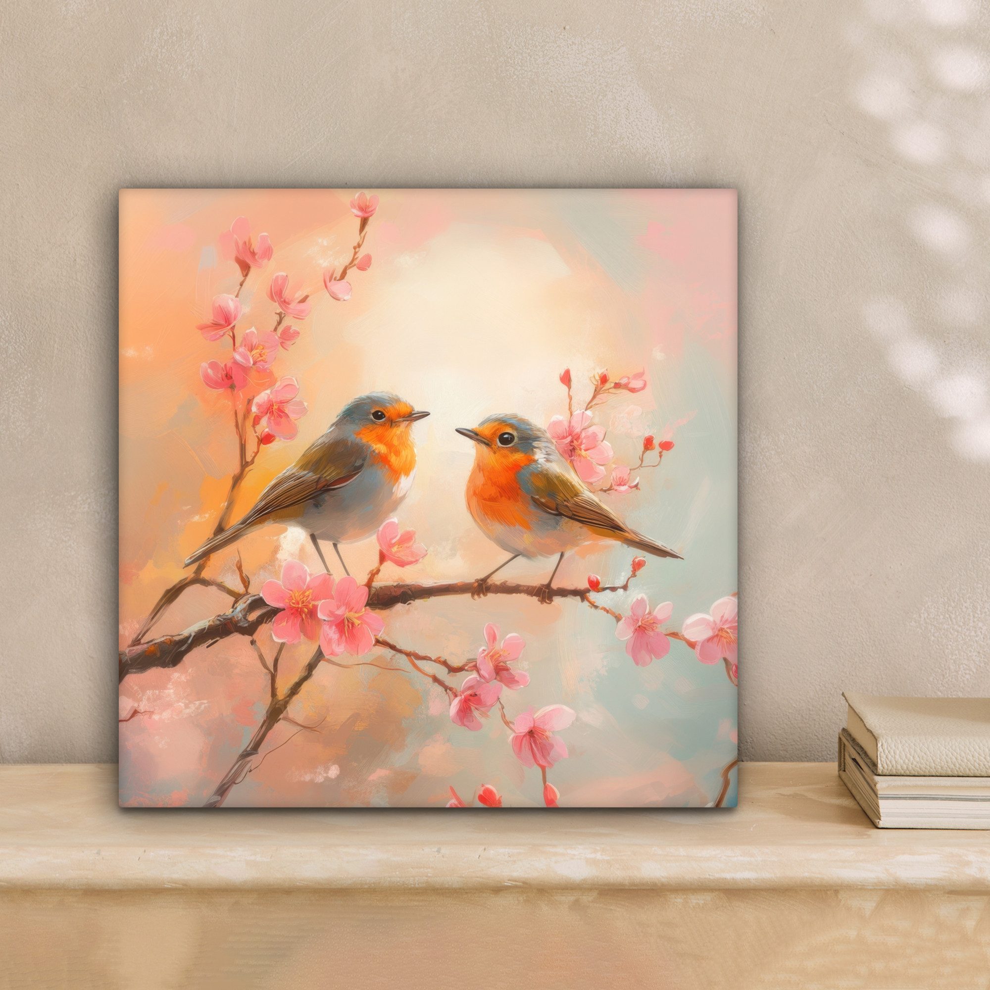 OneMillionCanvasses® Leinwandbild Rotkehlchen - Zierpflanze - Blütenzweig, günstig online kaufen