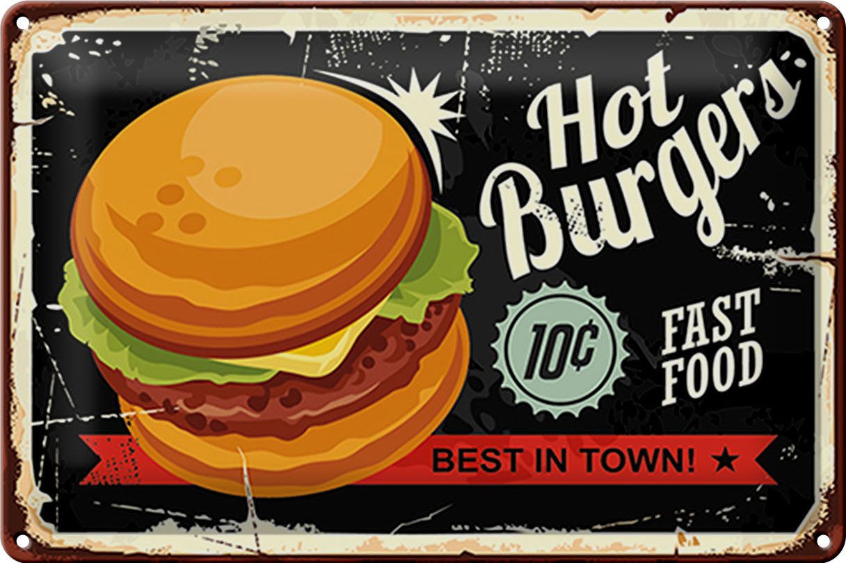 Metallschild Schild Blech -Made in Germany- 30x20cm hot burgers best in town Metall