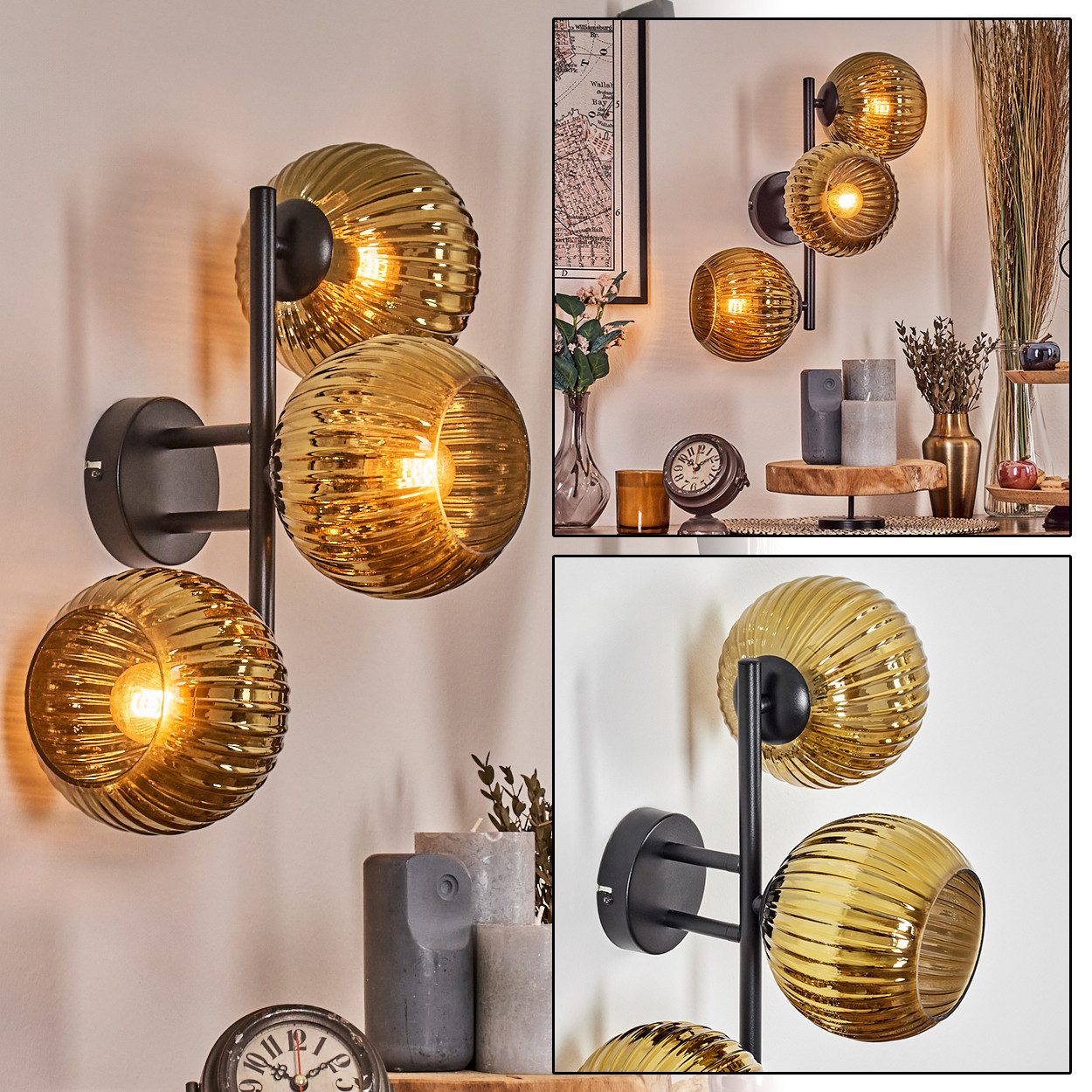 hofstein Wandleuchte Wandlampe aus Metall/Riffelglas in Schwarz/Goldfarben, moderne Leuchte im Retro/Vintage-Design (Schirme Ø 15 cm), E14