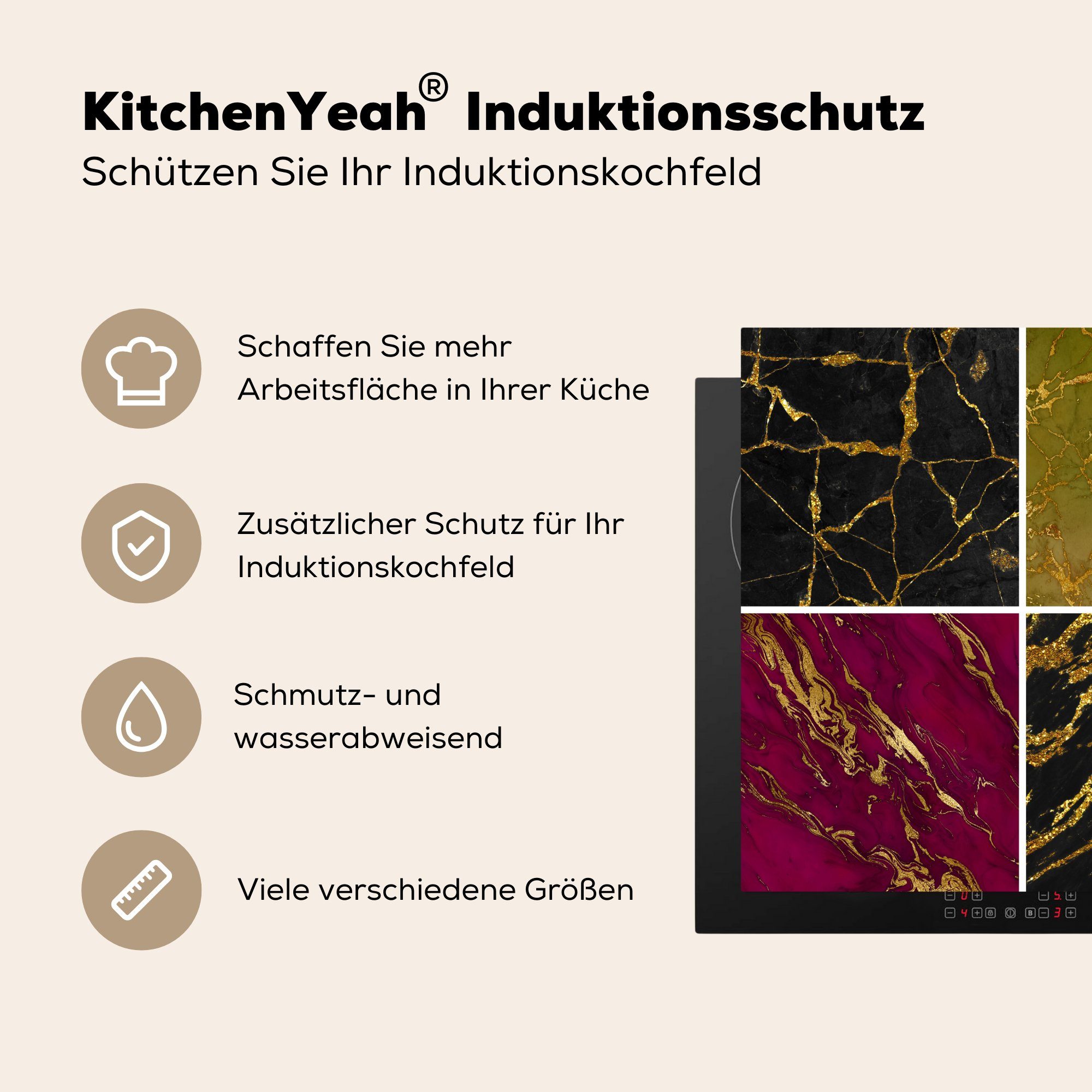 (1 Ceranfeldabdeckung, - Vinyl, MuchoWow Marmor Arbeitsplatte Gold Chic, - Herdblende-/Abdeckplatte tlg), küche cm, für 78x78