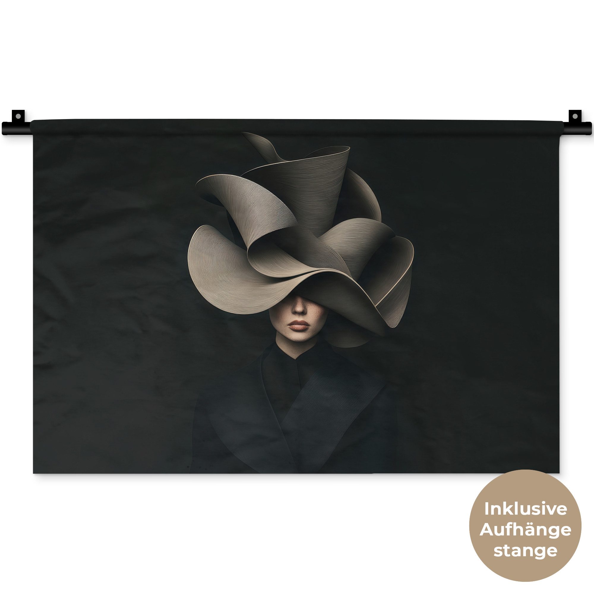 MuchoWow Wandteppich Schwarz - Hut - Frau, Rechteckig, Höhe: 3 mm, Wandteppich für Wohnzimmer, Schlafzimmer, 60x40 cm