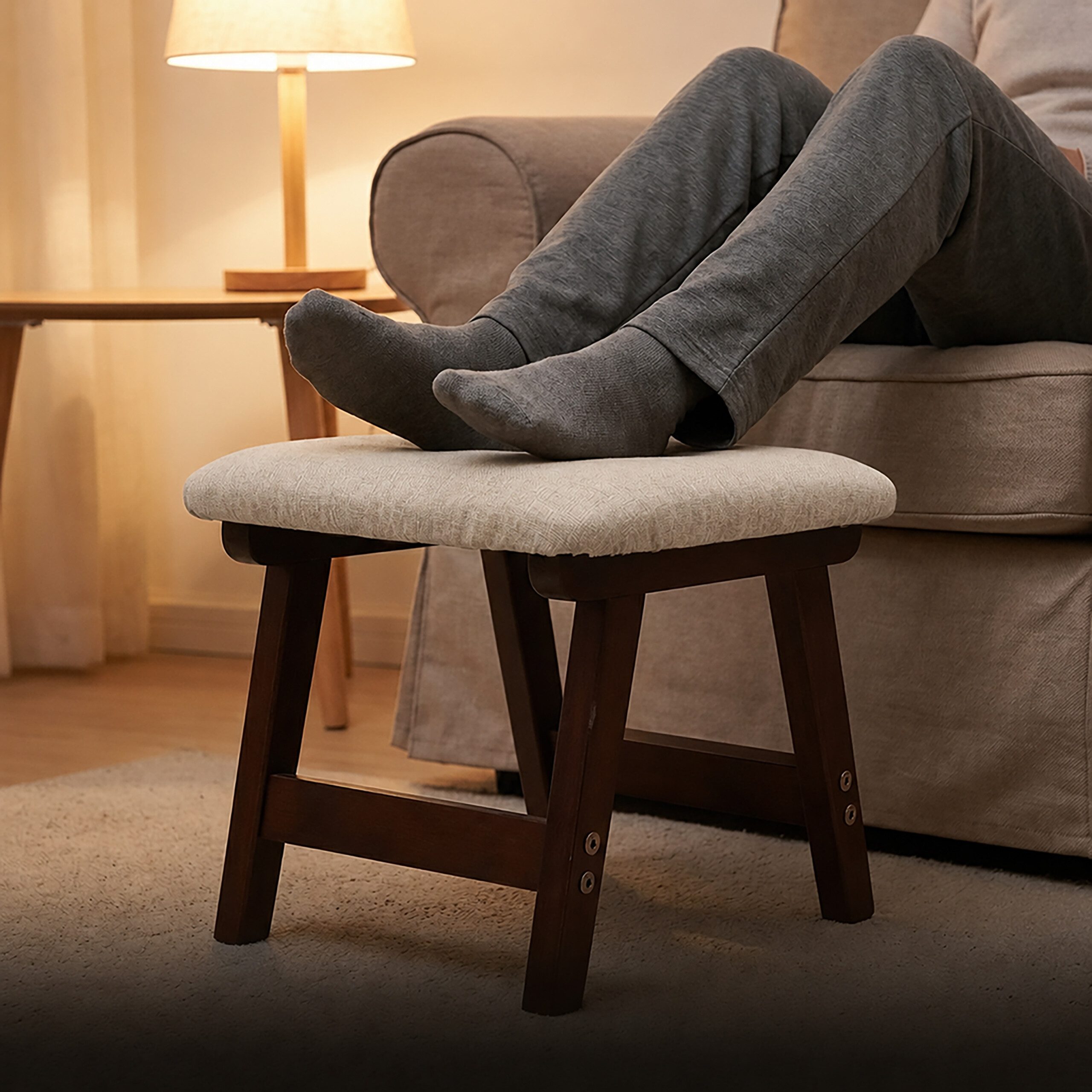 relaxdays Fußhocker Holz & Stoff (1 St), Beige – Bild 2 von 5
