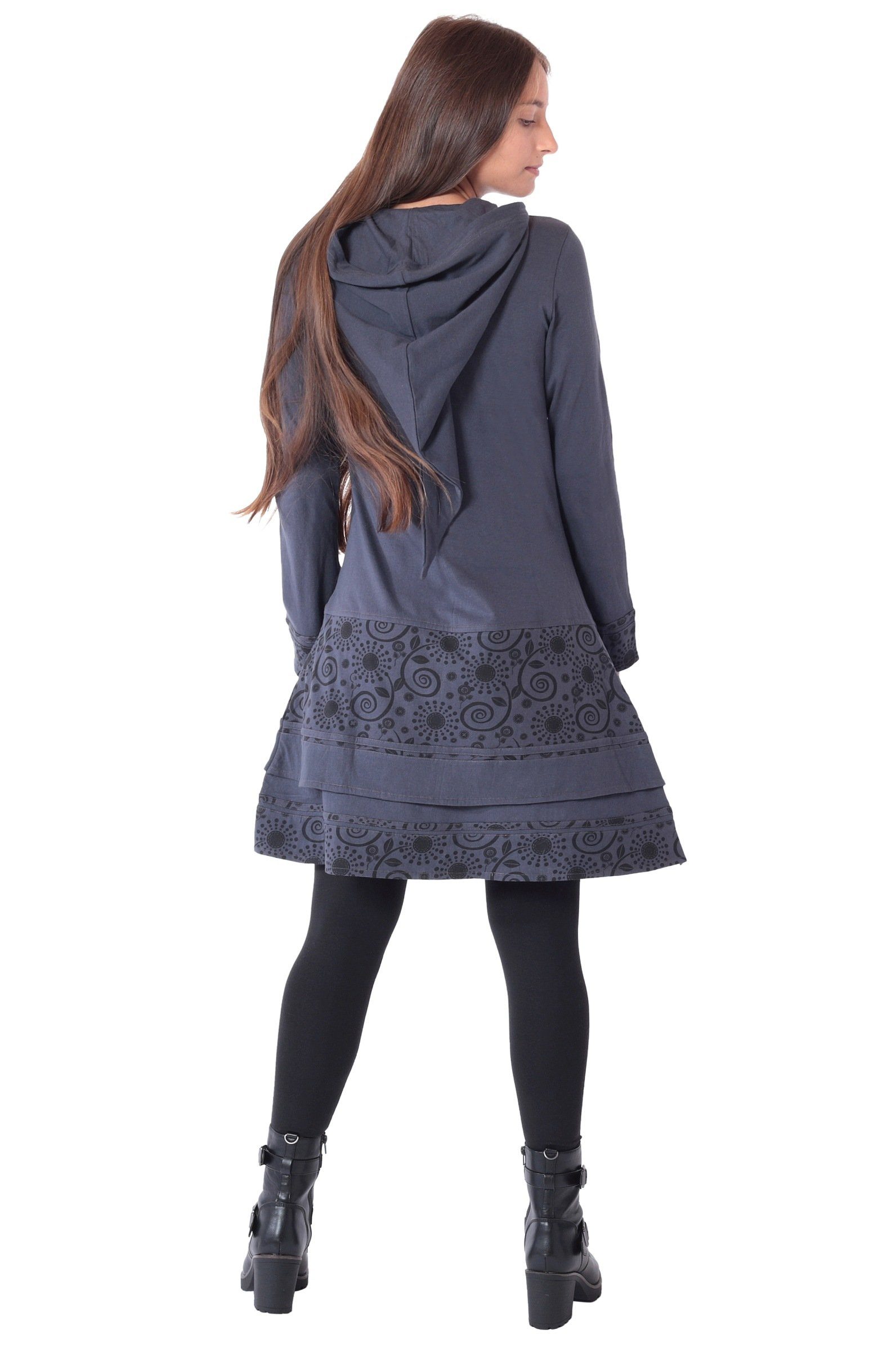 PUREWONDER Sweatkleid Elfenkleid aus Baumwolle mit Zipfelkapuze Nr. 186 Grau S im Patchwork-Stil