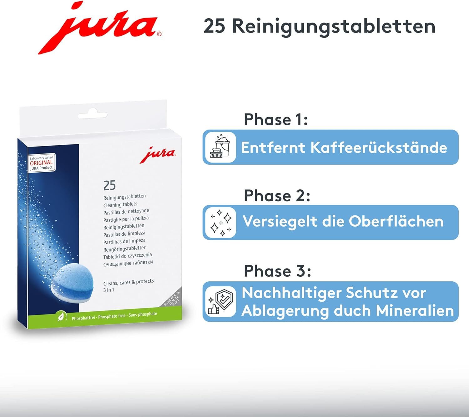 JURA 3 Phasen Reinigungstabletten (Packung mit 25 Tabletten - 25045 24225 3-Phasen-Reinigungstabletten)