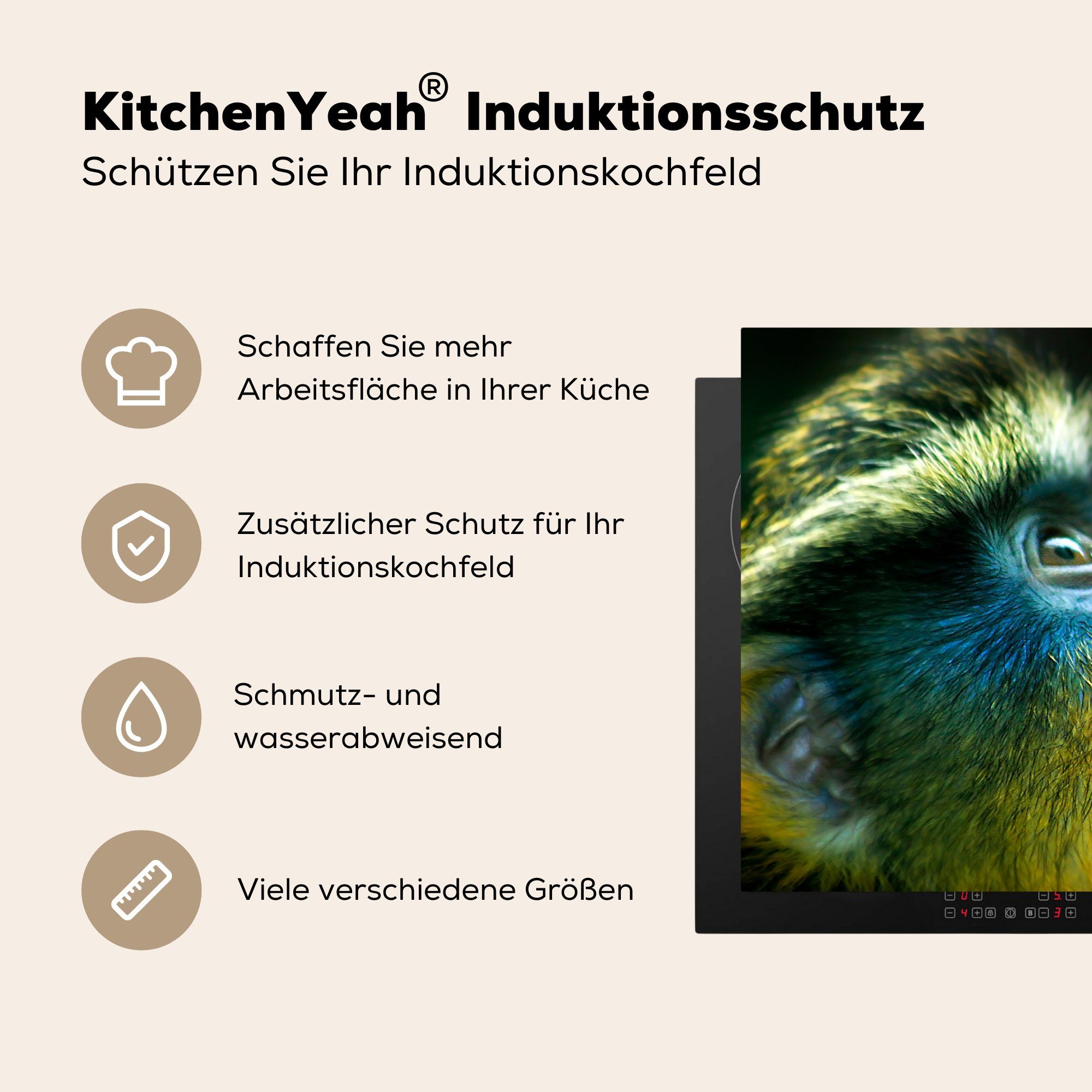 MuchoWow Herdblende-/Abdeckplatte Affe - Fell Induktionskochfeld Schutz (1 tlg), Schwarz, Vinyl, 81x52 cm, Ceranfeldabdeckung für die - küche