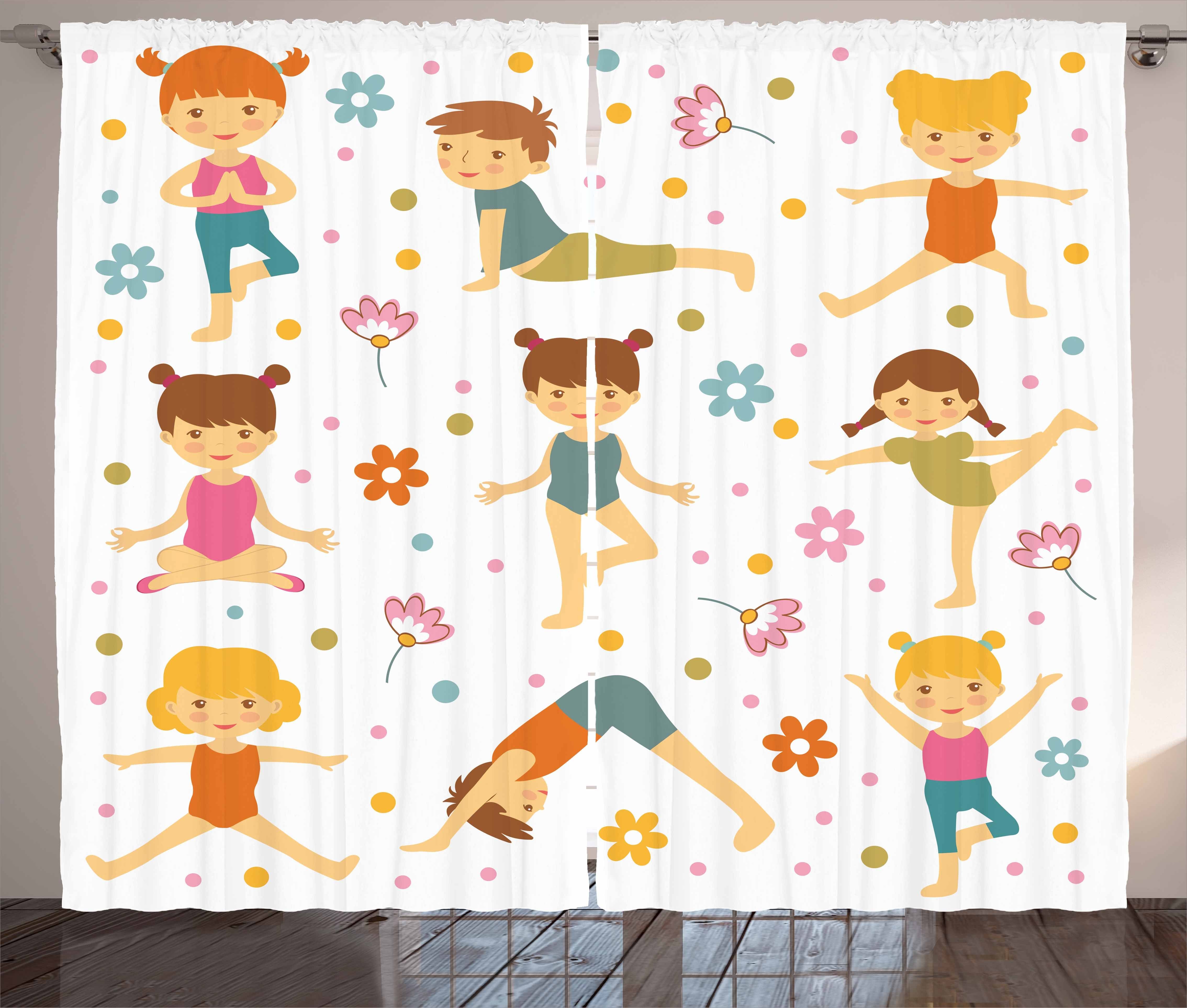 Gardine Schlafzimmer Kräuselband Vorhang mit Schlaufen und Haken, Abakuhaus, Yoga Cartoon Fitnesstraining für Kinder