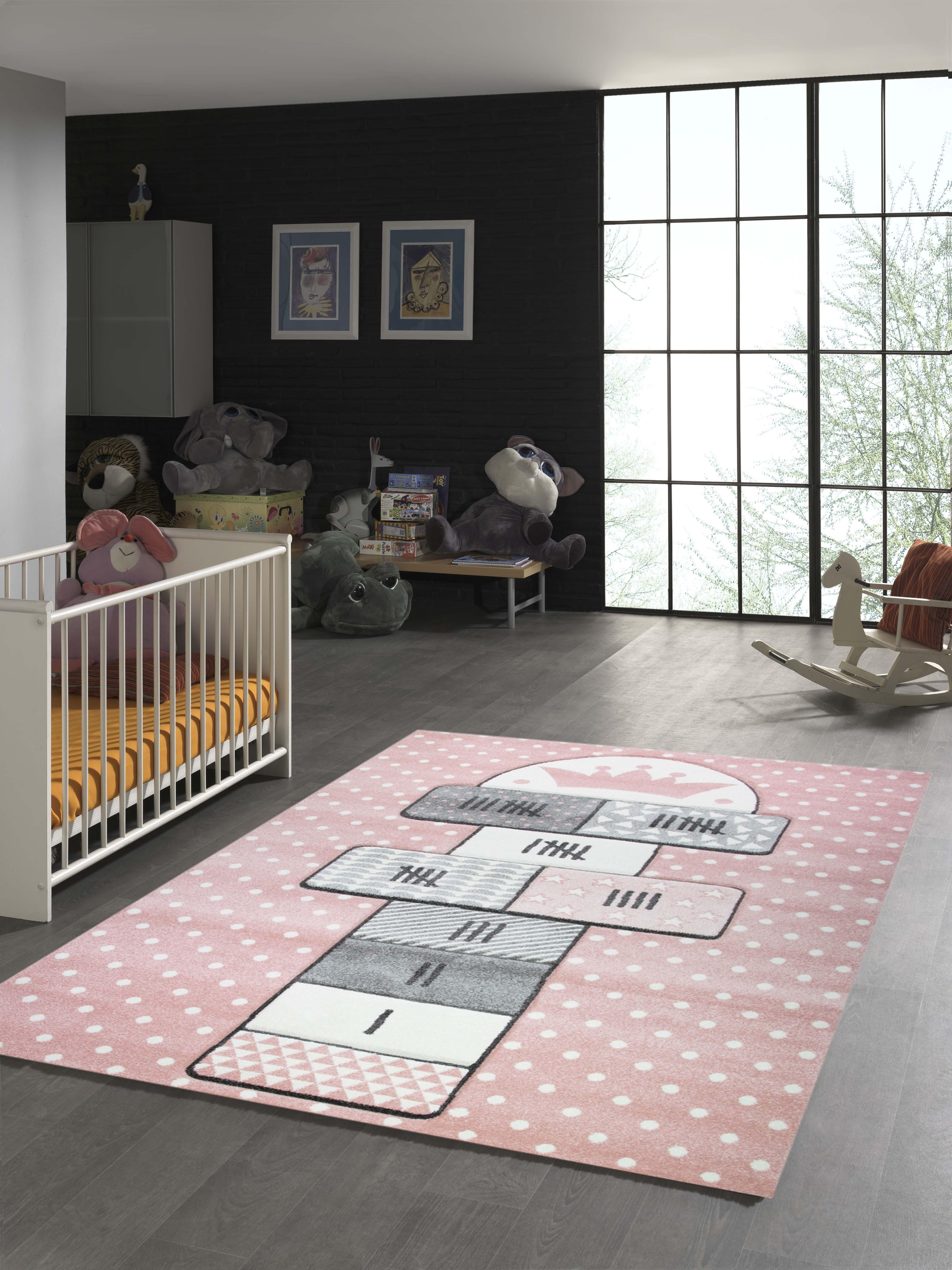 TeppichHome24 Kinderteppich Kinderteppich Hüpfkästchen in Rosa Grau Creme, rechteckig, Höhe: 1.3 mm