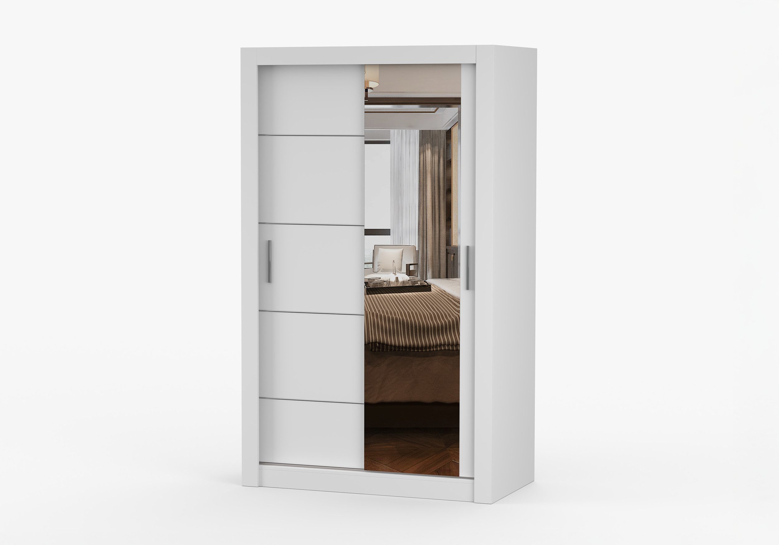 MOEBLO Kleiderschrank ARVIO (moderner Schiebetürenschrank mit Spiegel und viel Stauraum, Schwebetürenschrank 2/3-türig Schrank Garderobe Schiebtüren Schlafzimmer Wohnzimmerschrank mit Spiegel) (BxHxT): 120 / 150 / 180 / 203 / 250 x 215 x 64 cm
