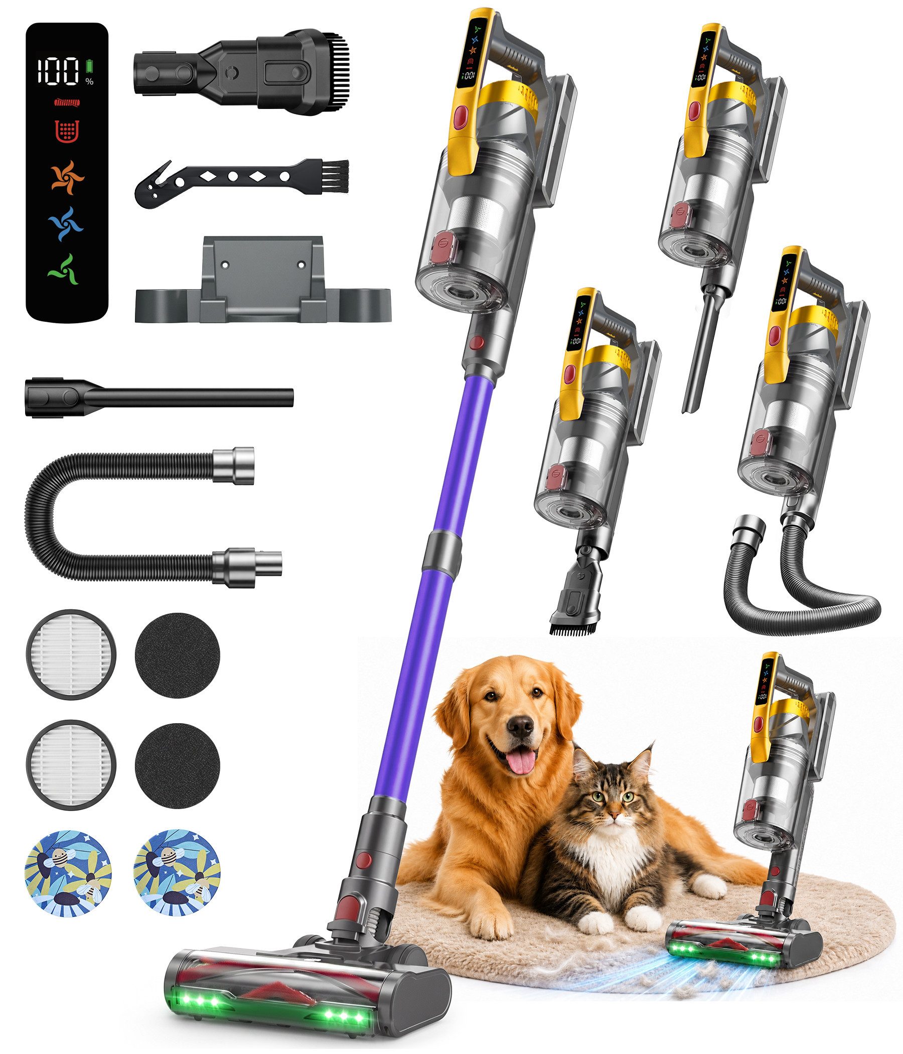 ZOOMCAT Akku-Stielstaubsauger Akkustaubsauger Kabellos, 50KPA/600W/65Mins Staubsauger ohne beutel, 600 W, beutellos, V‑förmige Antitangle‑Bürste, Flexibler Bürstenkopf, Kabellos & leicht