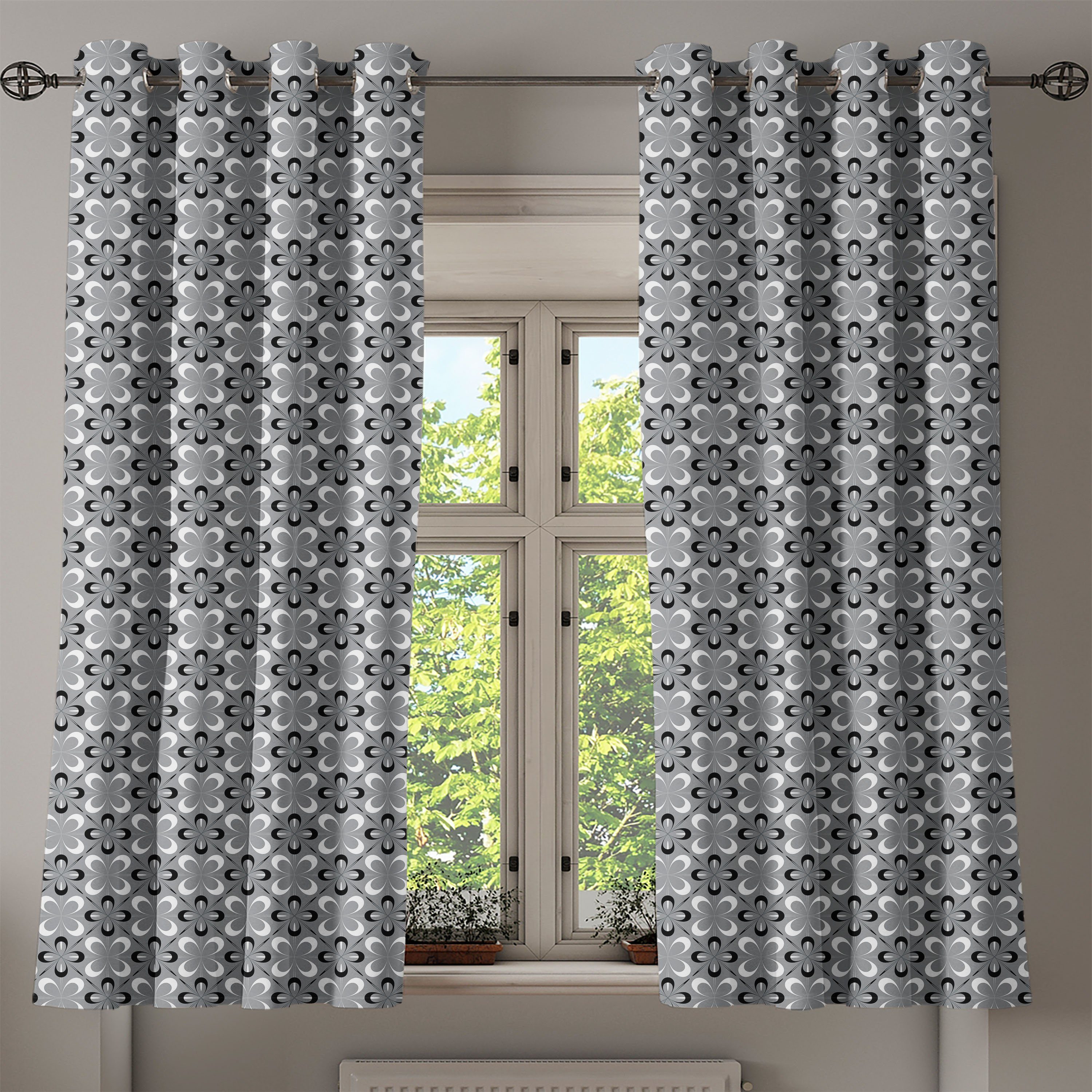 für Schlafzimmer und Blumenblütenblatt Wohnzimmer, Grau Abakuhaus, Schwarz Aufwändige 2-Panel-Fenstervorhänge Gardine Dekorative