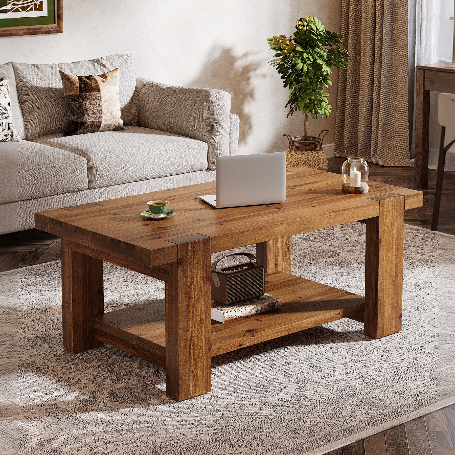 Tribesigns Couchtisch Massivholz Couchtisch 120 cm, 2-stufiger Landhaus-Rechtecktisch