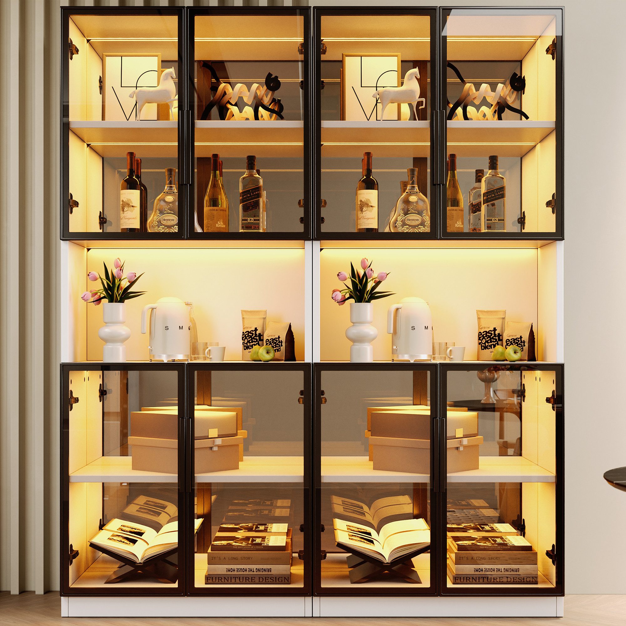 Flieks Glasvitrine Hochschrank mit LED-Beleuchtung, Spiegelrückwand, Glastüren (70x30x170 cm, Set, 2-St., Multifunktionsschrank für Wohnzimmer, Esszimmer, Küche und Büro) 2er Set Eckvitrine Eckschrank Standvitrine Sammlervitrine Weiß
