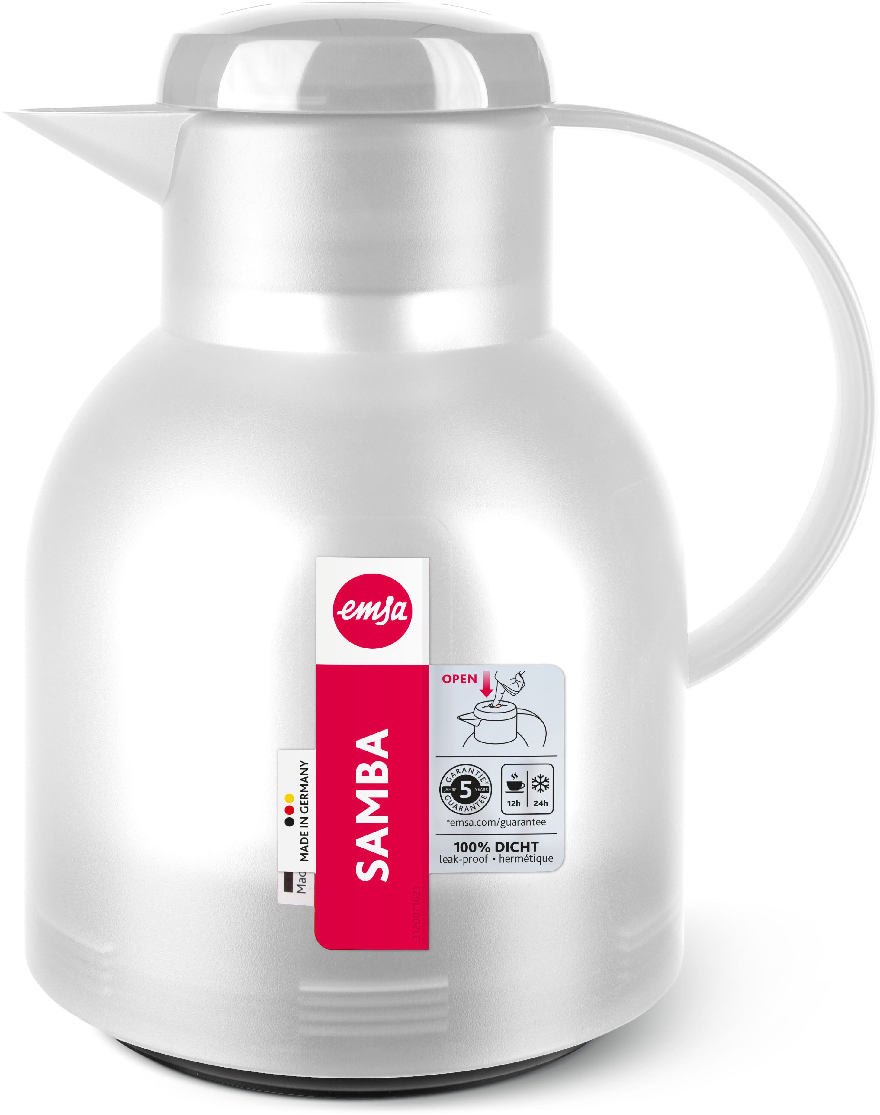 Emsa Isolierkanne Samba, 1 l, zeitloses Design, einfacher Knopfdruck, 24h kalt, 12h warm