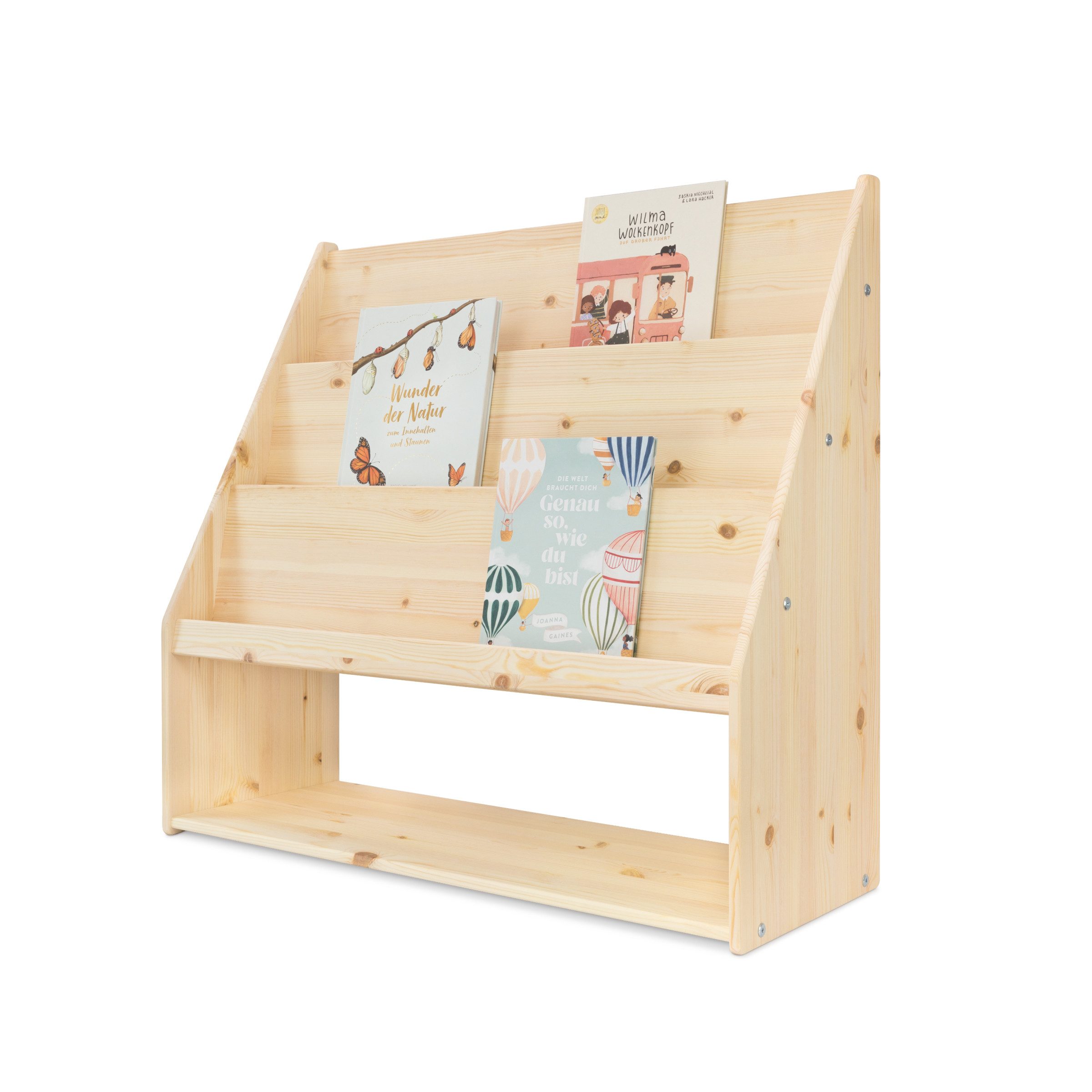 Ehrenkind Bücherregal mit Stauraum, aus massivem Kiefernholz, frontale Buchablage auf Kinderhöhe, Montessori-inspiriert