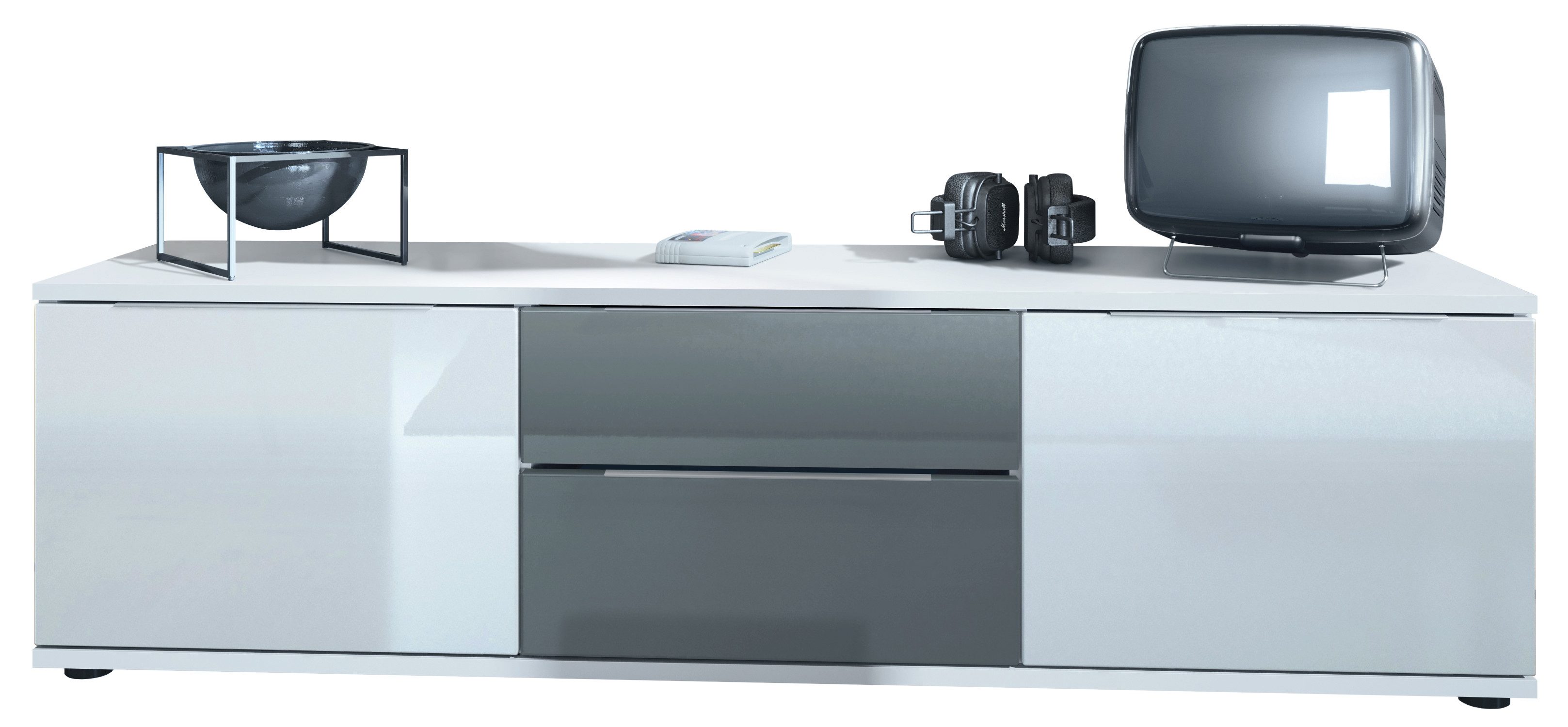 Vladon Lowboard Linio V1 (Fernsehtisch, mit 2 Türen und Schubladen), Weiß / Grau Hochglanz (138,5 x 37,5 x 35 cm)
