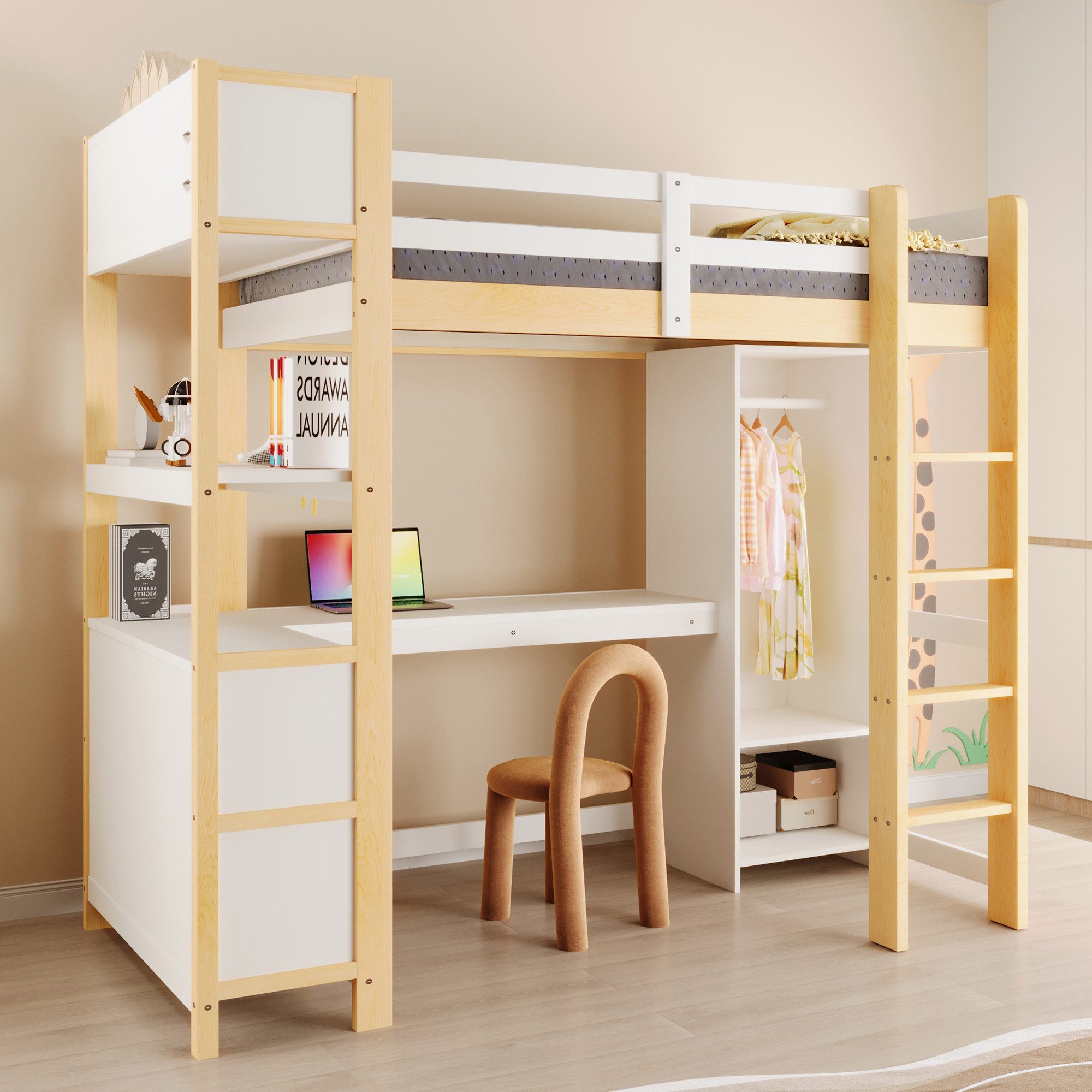 Ulife Hochbett 90x200 cm, Regale, mehrere Ablagefächer, Schreibtisch, Natur (1-St)