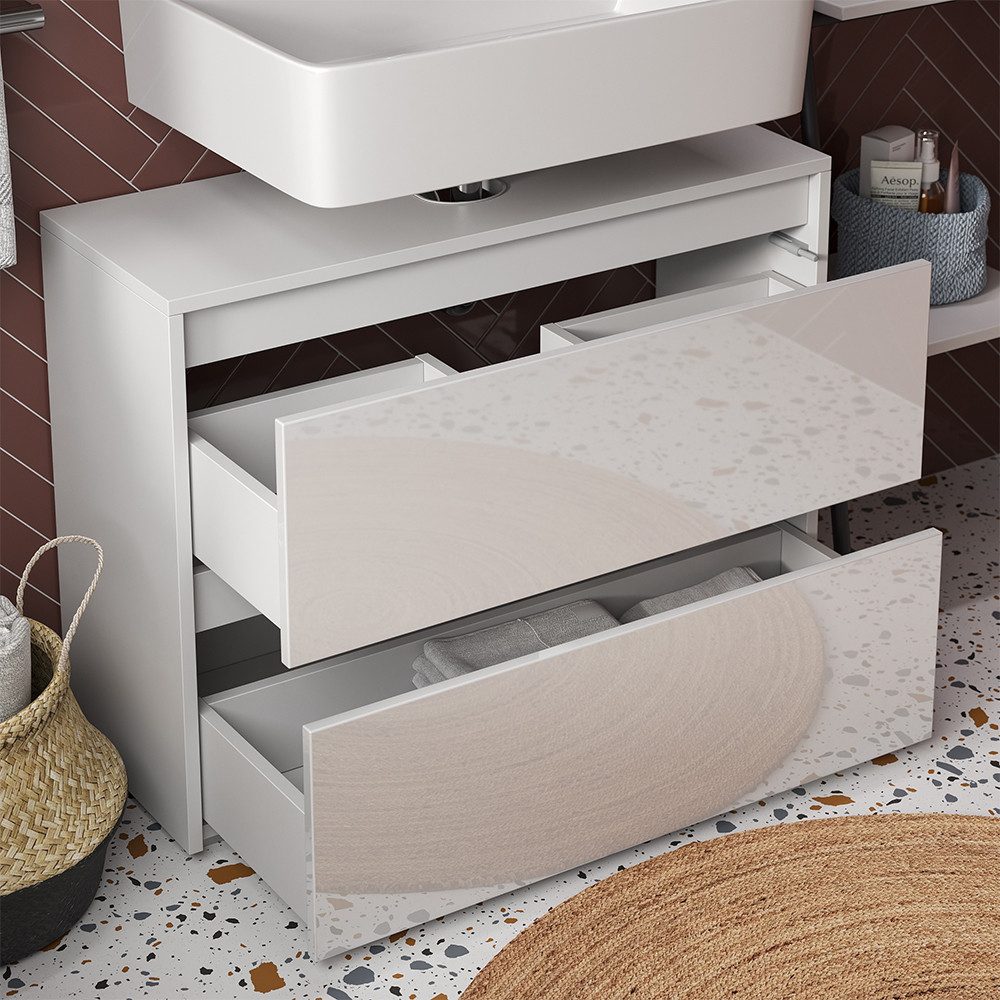 Vicco Waschbeckenunterschrank Majest, Weiß/Weiß Hochglanz, 80.1 x 62 cm mit 2 Schubladen (2-St)