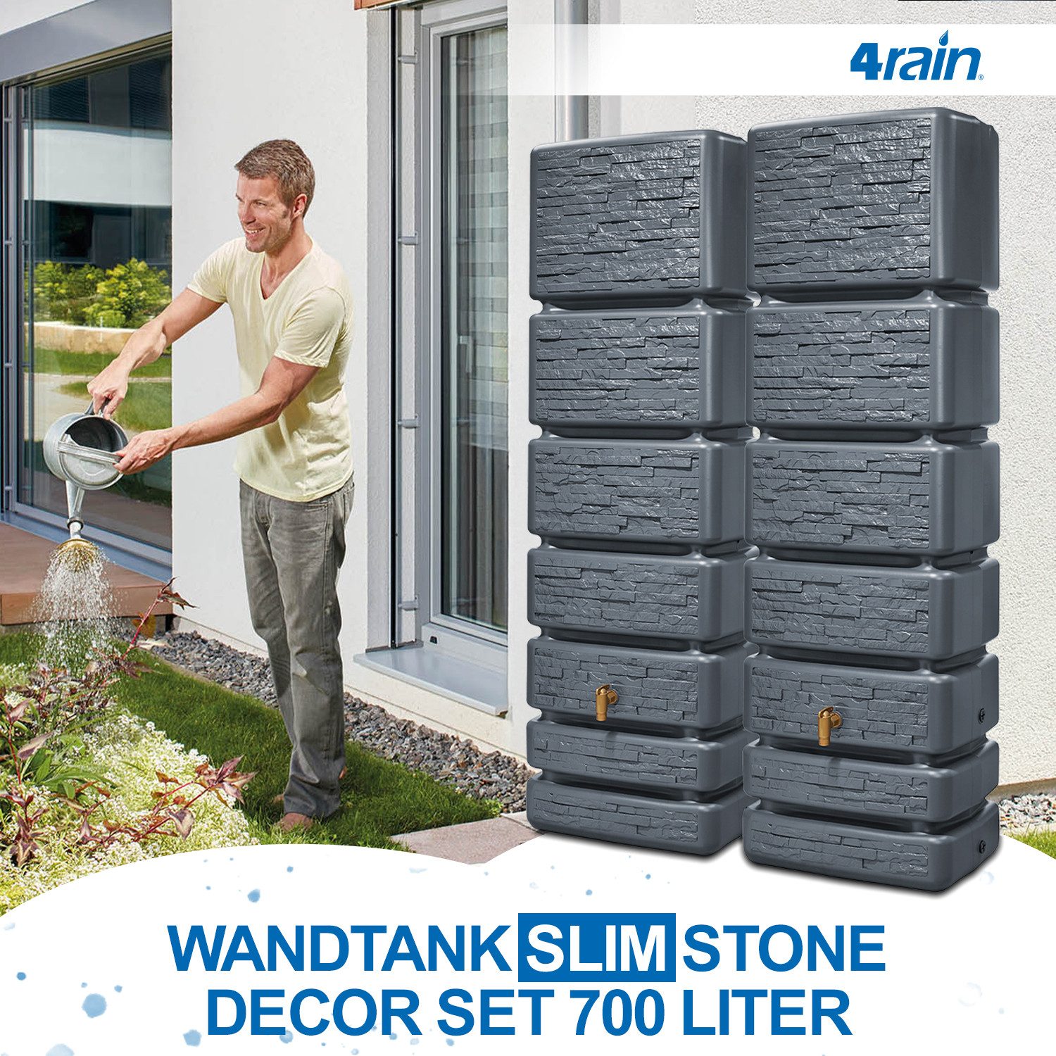 4rain Regentonne SLIM STONE DECOR Wandtank-Set 700 L graphite grey, 700 l – Bild 2 von 5