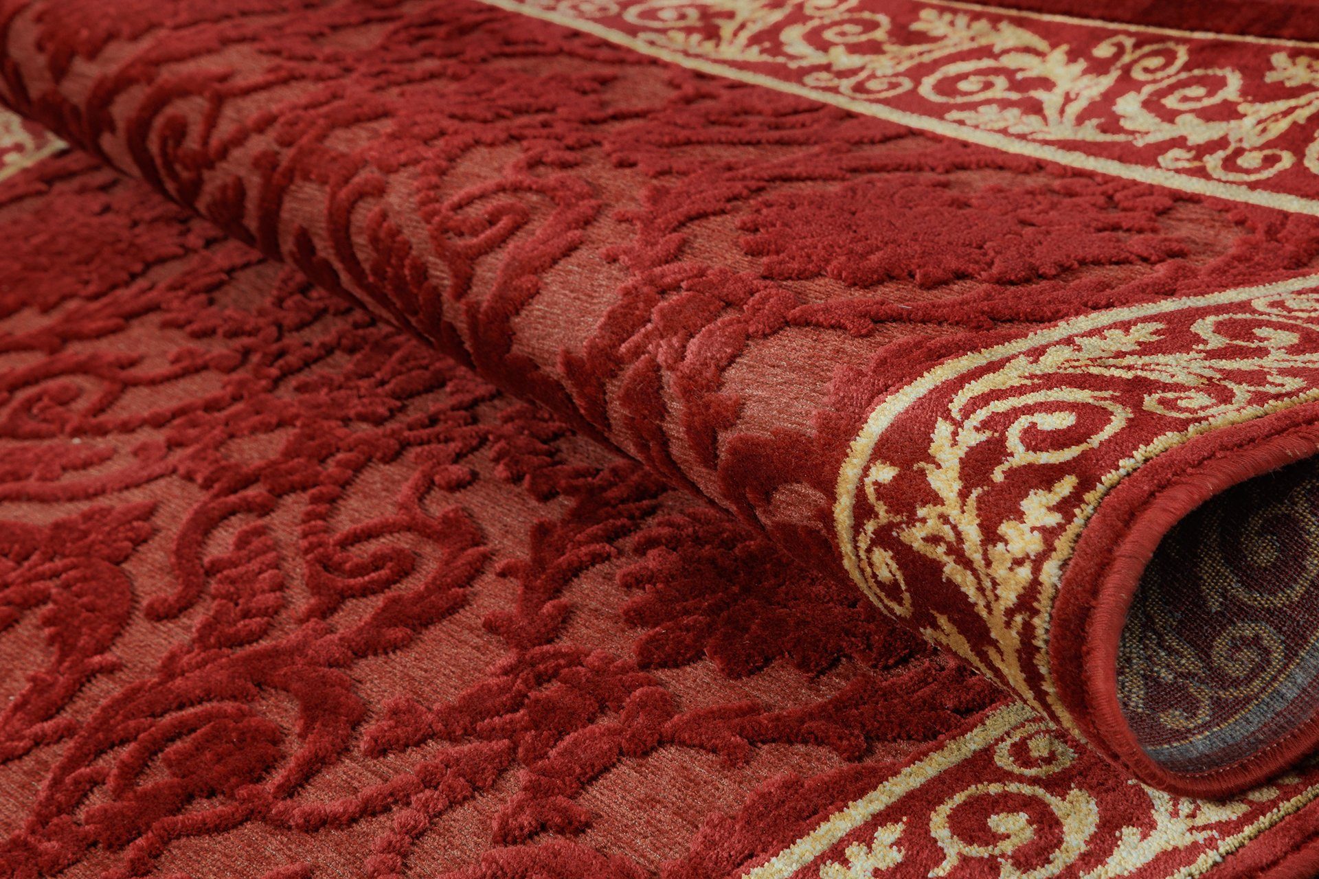 Luxus Designteppich Arti, Belle Flur rot 3D-Effekt Farashe kurzflor, Läufer handgeknüpft Wohnzimmer Teppich