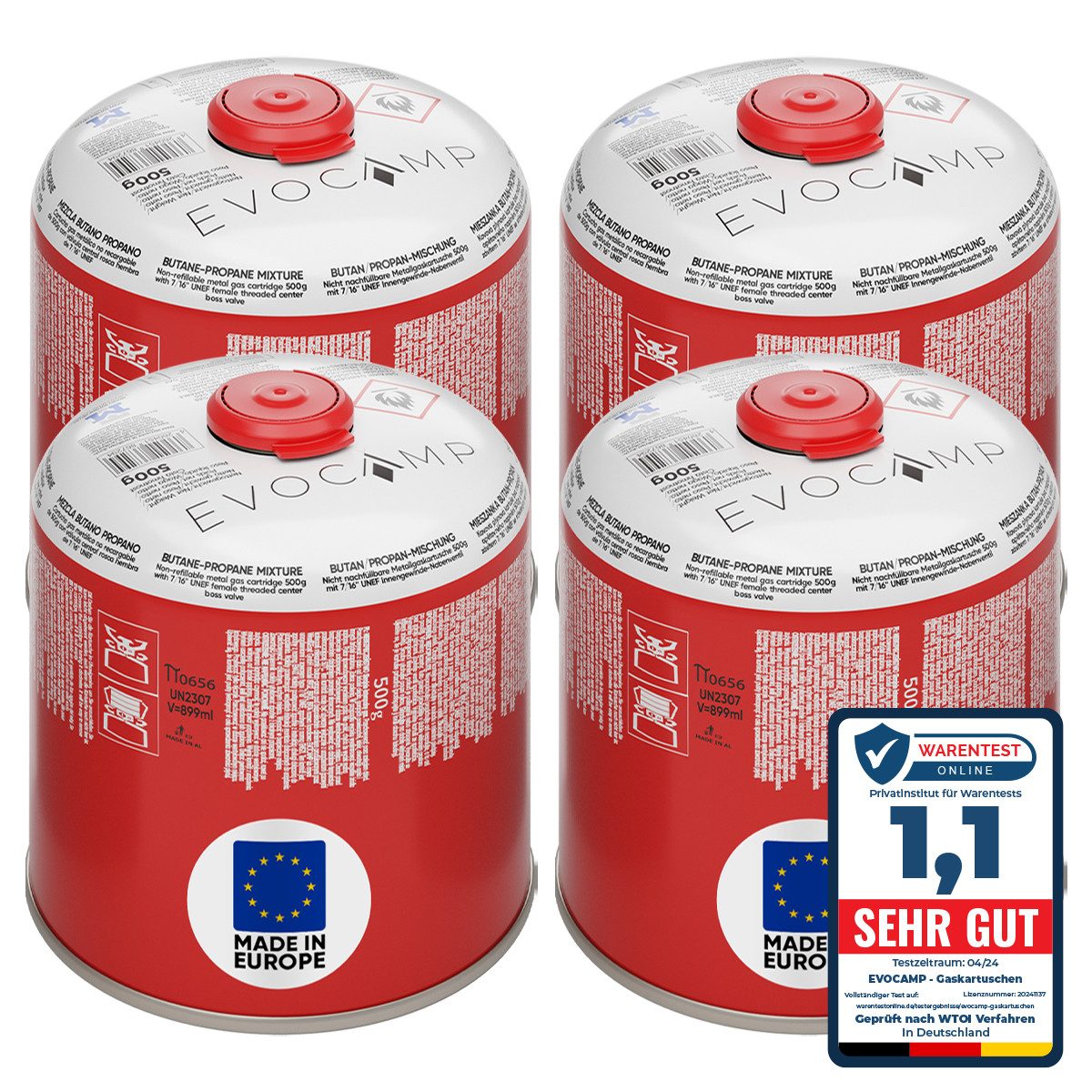 EVOCAMP Gaskartusche 4x Butangas Kartuschen 500g, Schraubkartusche mit Butan/ Propan Gas, 4 St.