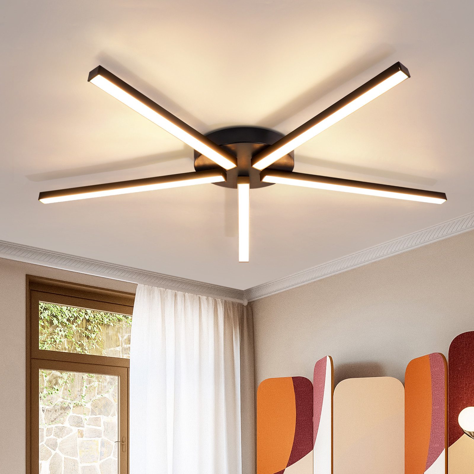ZMH LED Deckenleuchte Wohnzimmer Schwarz 24W Modern 3000K Nicht Überlappend Design Büro, Augenschutz, Einfache Installtion, LED fest integriert, Warmweiß, 5 Flammig Retro Deckenlampe für Küche Schlafzimmer Flur