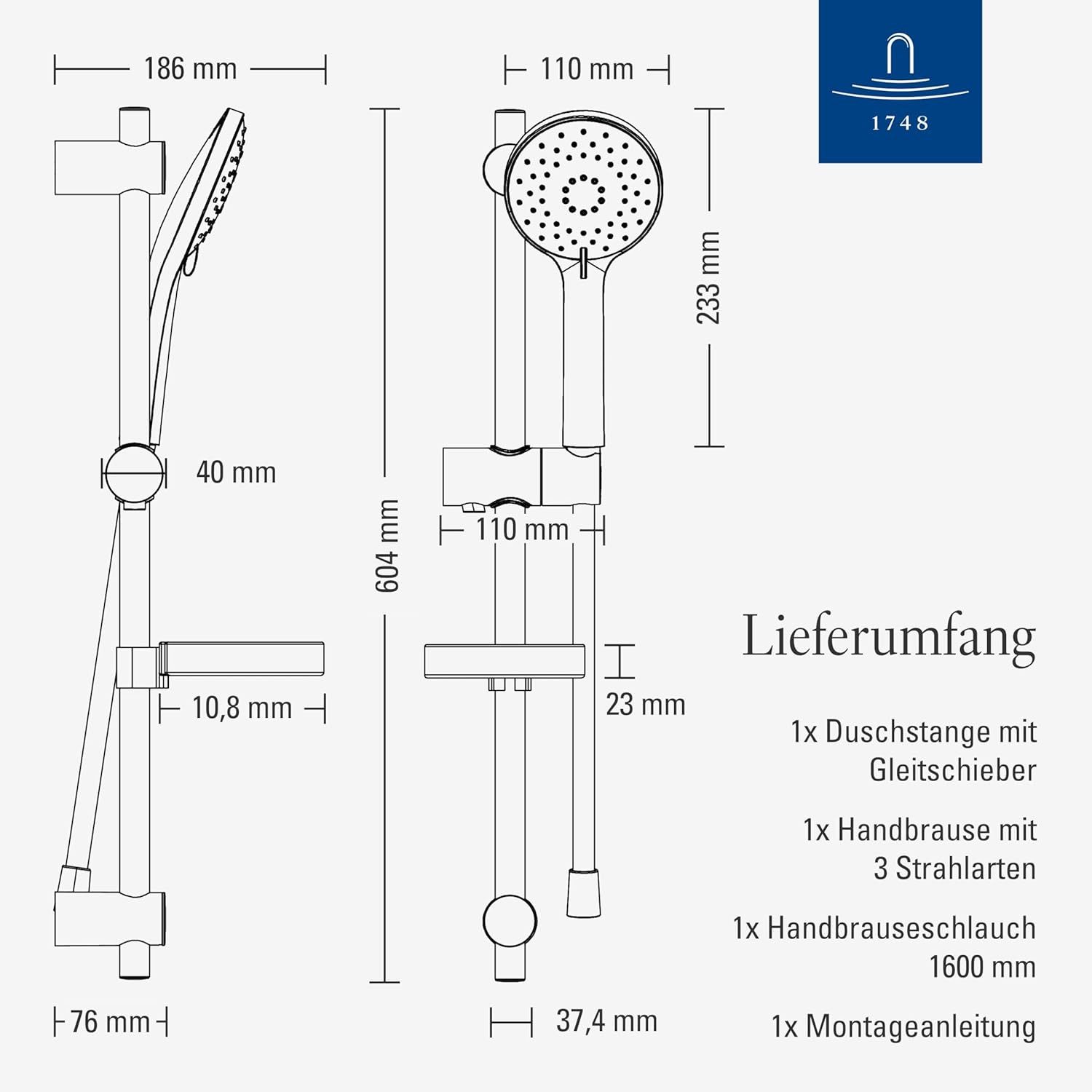 Villeroy & Boch Brausegarnitur Universal Showers Duschsystem, Höhe 60.40 cm, Duschgarnitur, Duschstange, Handbrause, Handbrausehalter, matt schwarz