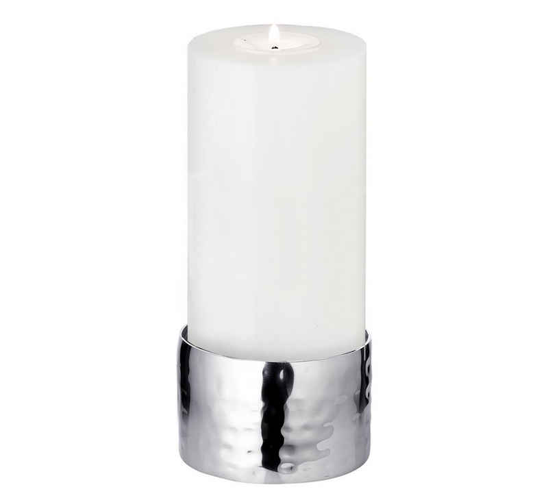 EDZARD Kerzenständer Agadir, Kerzenleuchter aus hochglanzpoliertem Edelstahl, Kerzenhalter für Stumpenkerzen, gehämmerte Silber-Optik, Höhe 5 cm, Ø 8,5 cm