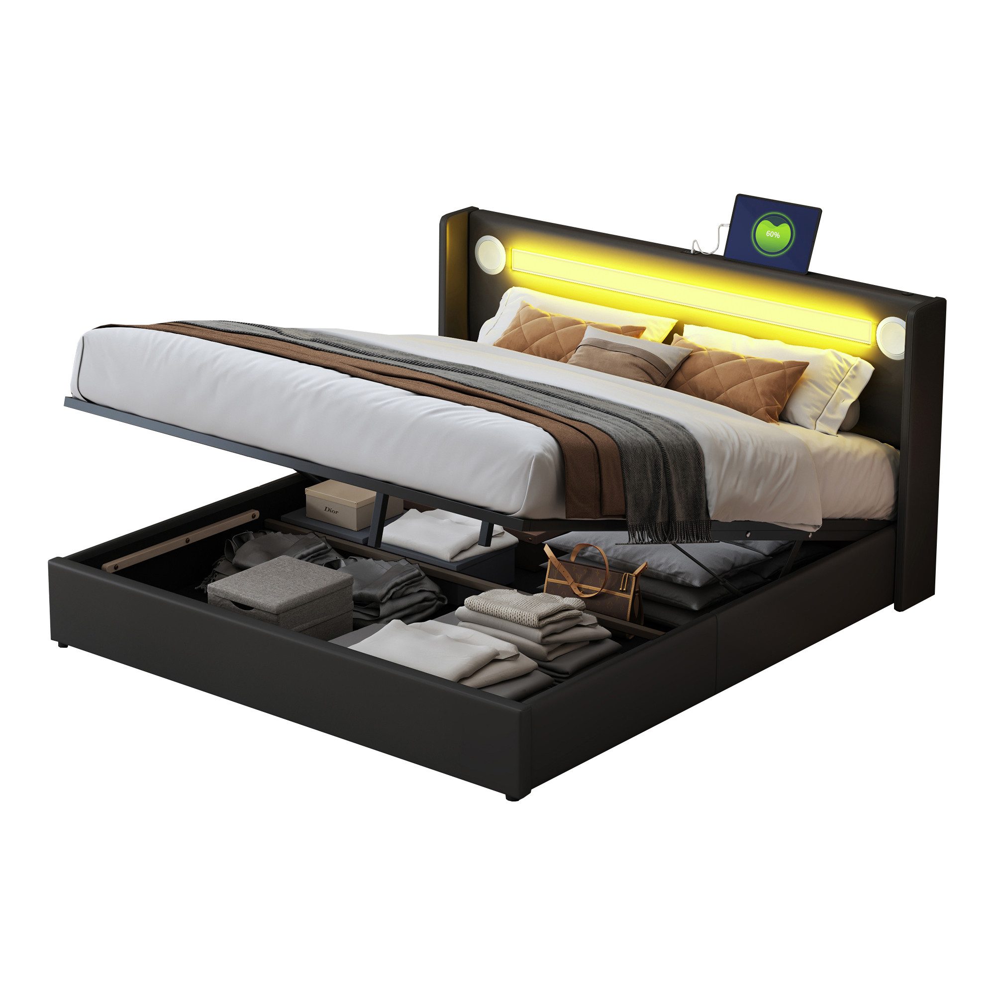 Flieks Polsterbett, LED Beleuchtung/Bluetooth/USB-Aufladen Doppelbett 160x2 günstig online kaufen
