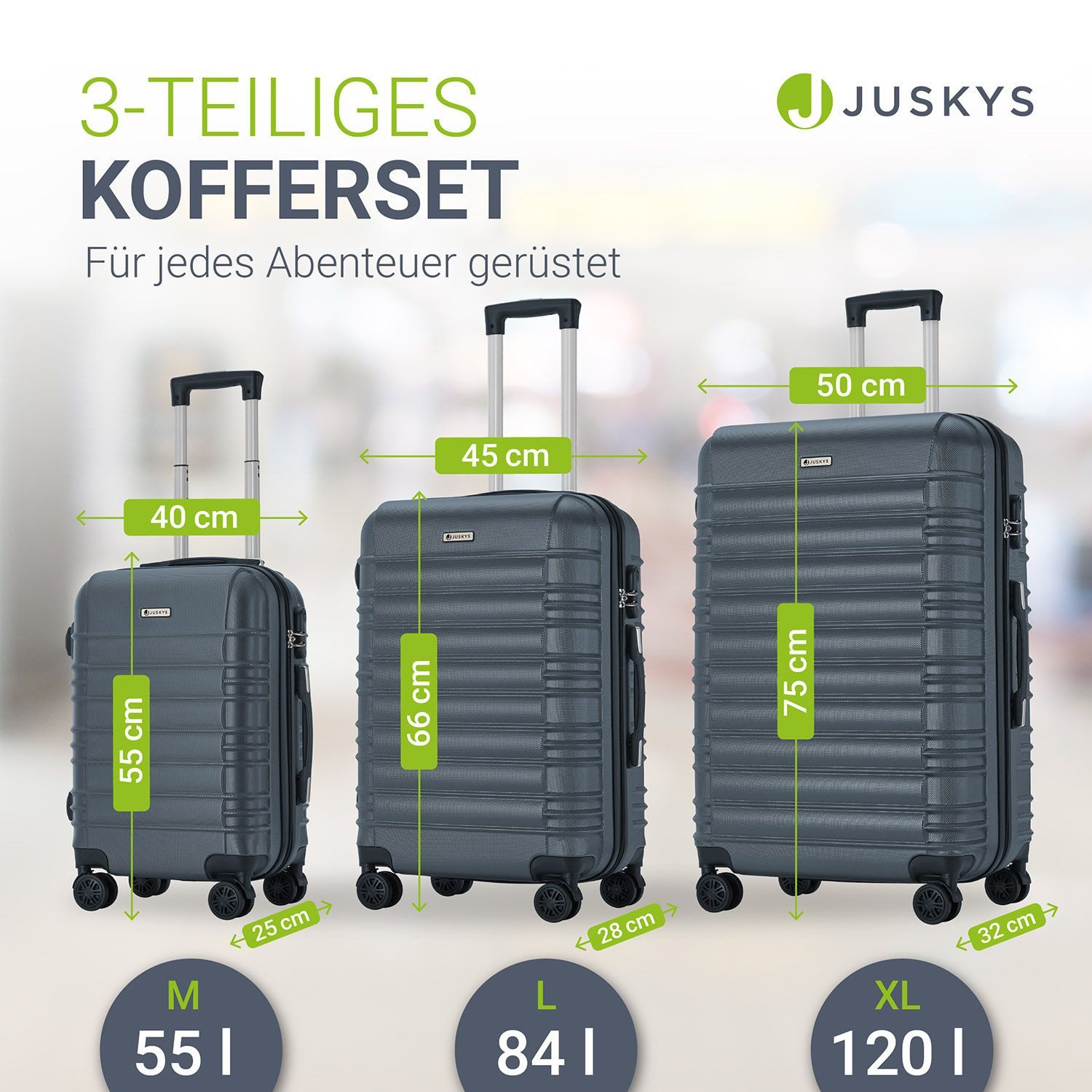 Juskys Trolleyset Rom, 4 Rollen, (3 tlg., 3-teilig), 3 Koffer, 360° Rollen, robuste Hartschale, mit Zahlenschloss
