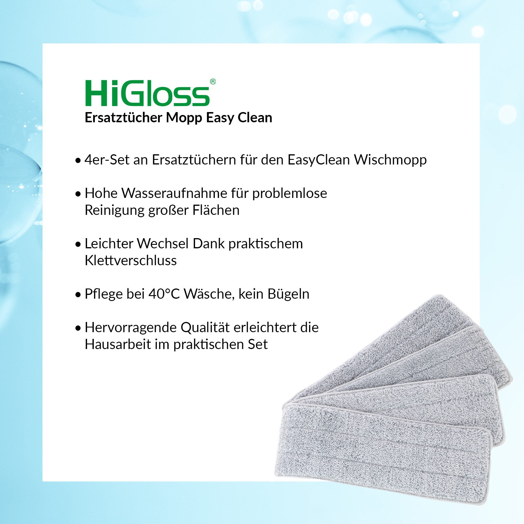 HiGloss Bodenwischtücher Wischbezug (100% Polyester, 2, 2er Set, mit Klettverschluss, besonders saugfähig)