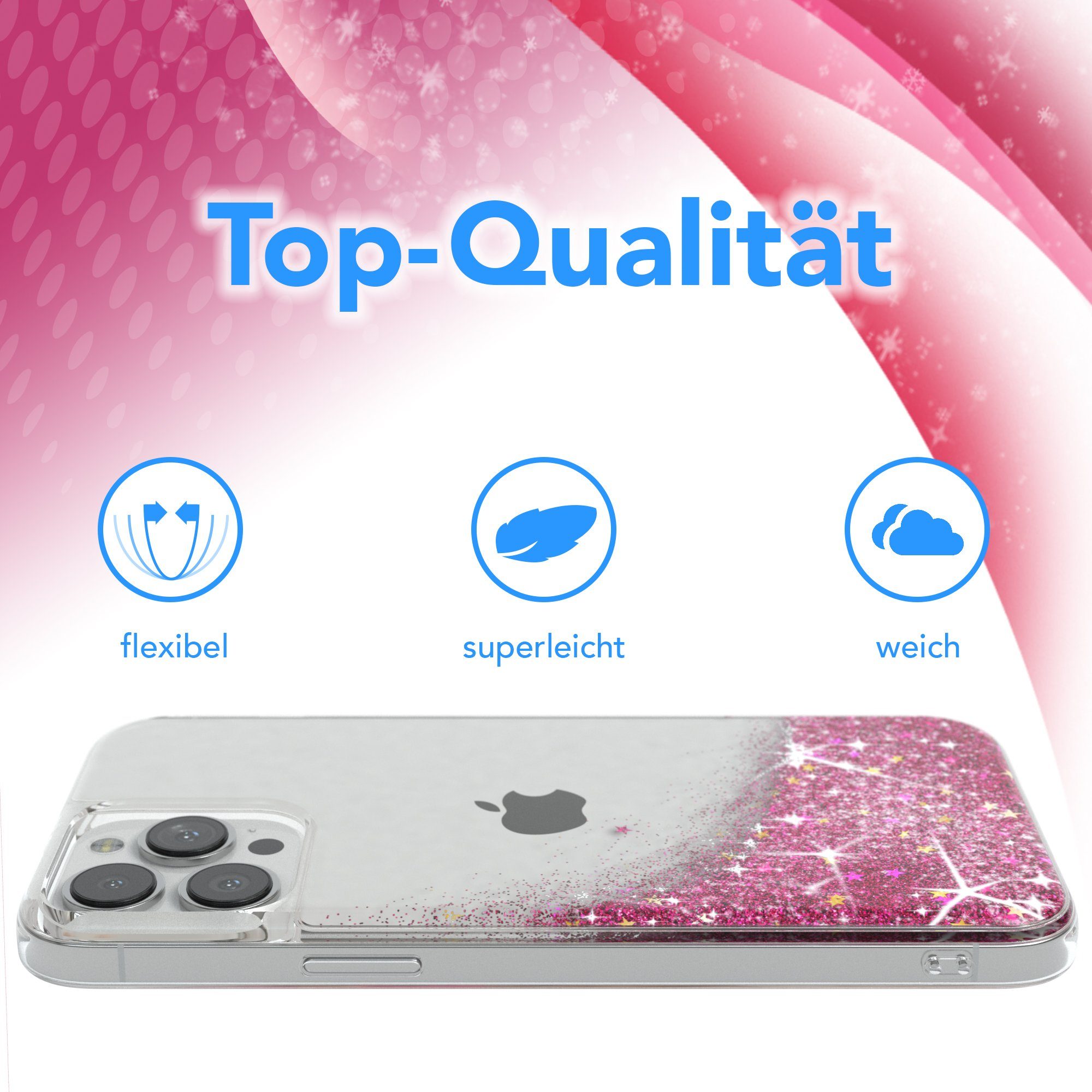 EAZY CASE Handyhülle Liquid Glittery Case für Apple iPhone 13 Pro Max 6,7 Zoll, Glitzerhülle Shiny Slimcover stoßfest Durchsichtig Bumper Case Pink