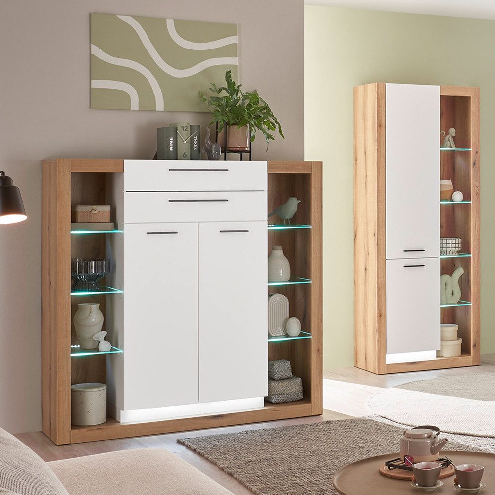 Lomadox Wohnzimmer-Set BELLAGIO-61, (Mega-Spar-Set, 2-St., Highboard Vitrinenschrank), in Eiche mit weißen Fronten, LED Beleuchtung, Glaseinlegeböden