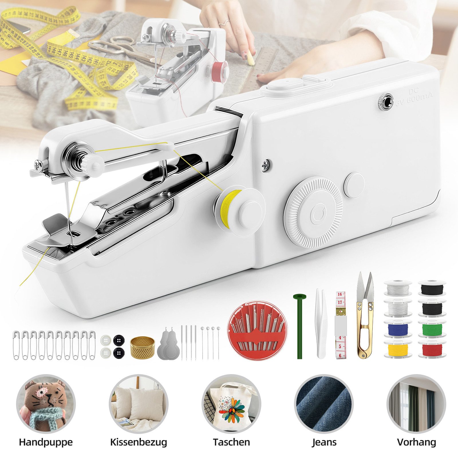 Bundviel Nähmaschine Elektrische Mini Nähmaschine Tragbare Handnähmaschine mit Unterfaden