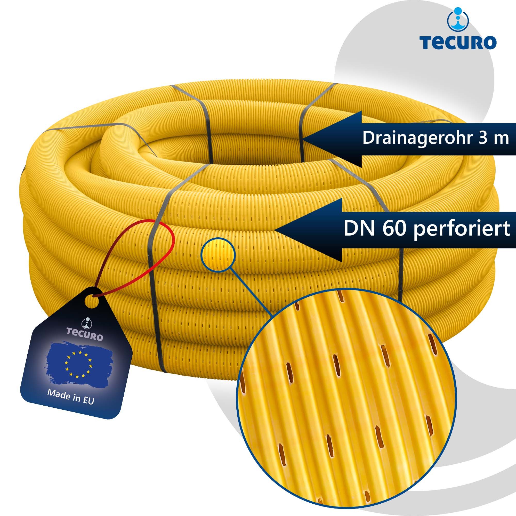 tecuro Drainagerohr Drainagerohr, flexibel, gewellt und geschlitzt, verschiedene Längen, DN 60 x Länge 3 m