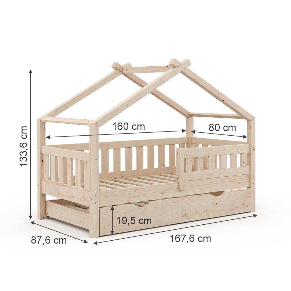 VitaliSpa® Hausbett Design, Naturholz, 80x160 cm mit Gästebett (1-tlg)