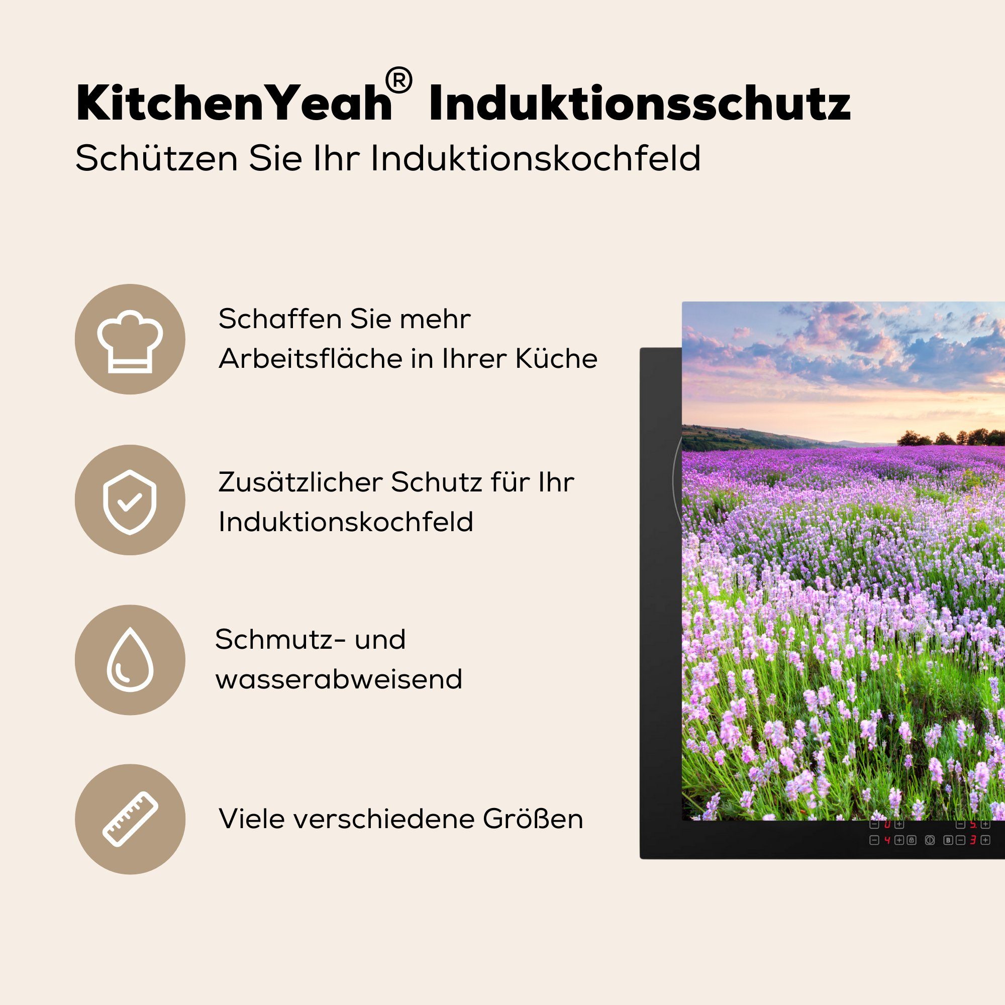 Induktionsherd, 58x51 Lavendel - (1 Induktionskochfeld Wiese, Dekoration Herdblende-/Abdeckplatte - cm, Küchen - Sonnenuntergang Lila - Vinyl, MuchoWow für Blumen tlg),