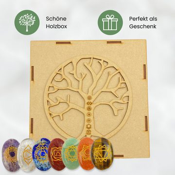 Lasernauten Edelstein Chakra XXL Edelstein-Set mit den 7 wichtigsten Steinen 3x4cm Holzbox, (Set mit 7 XXL Chakra-Steinen in einer Holzbox), Amethyst, Quarz, Lapis Lazuli, Jade, Tiger Eye, Peach Stone,Red Jasper