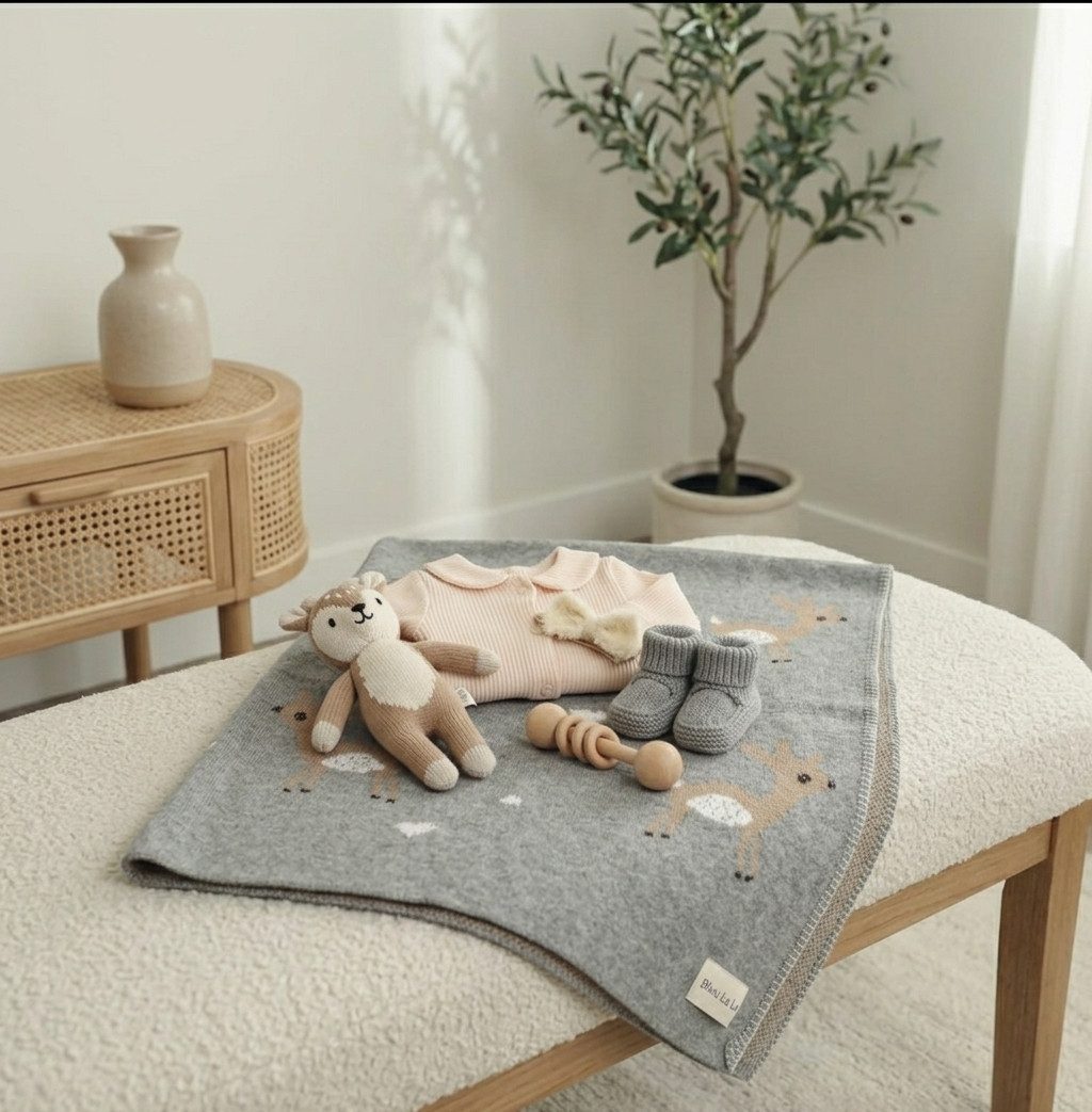 Babydecke Bleu La La aus 100% Baumwolle Strickdecke mit Rehmotiv, TSE – Bild 3 von 5