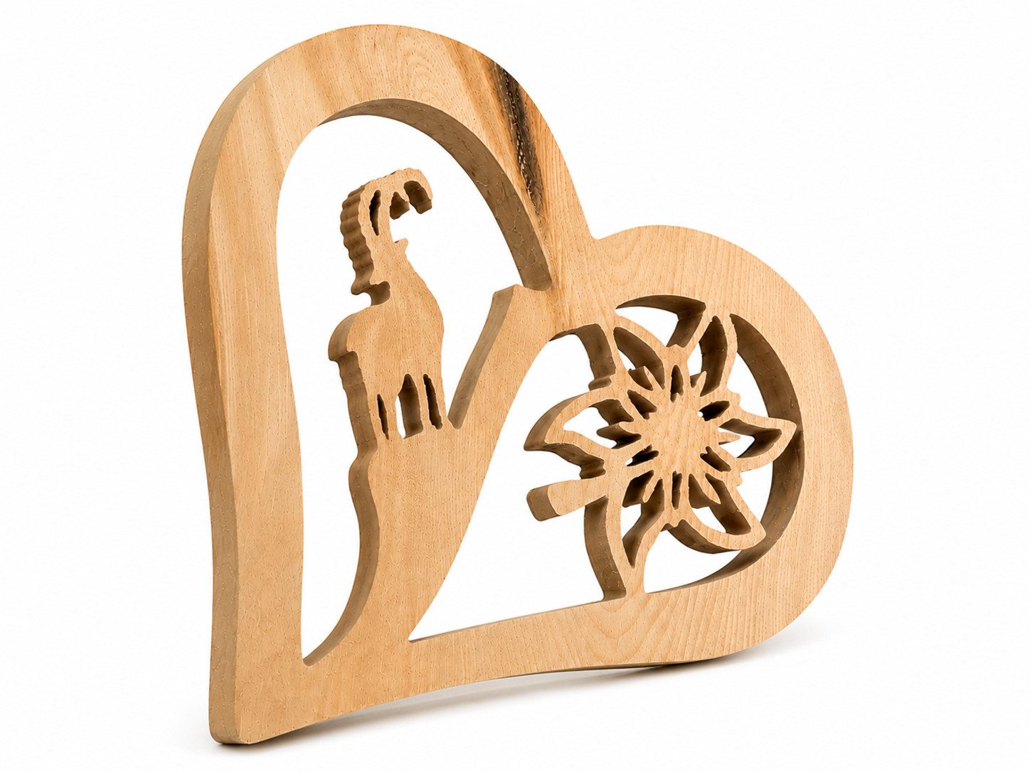 Zirbenvielfalt Wanddekoobjekt Zirbenholz Herz mit Steinbock & Edelweiß handgefertigt 25cm