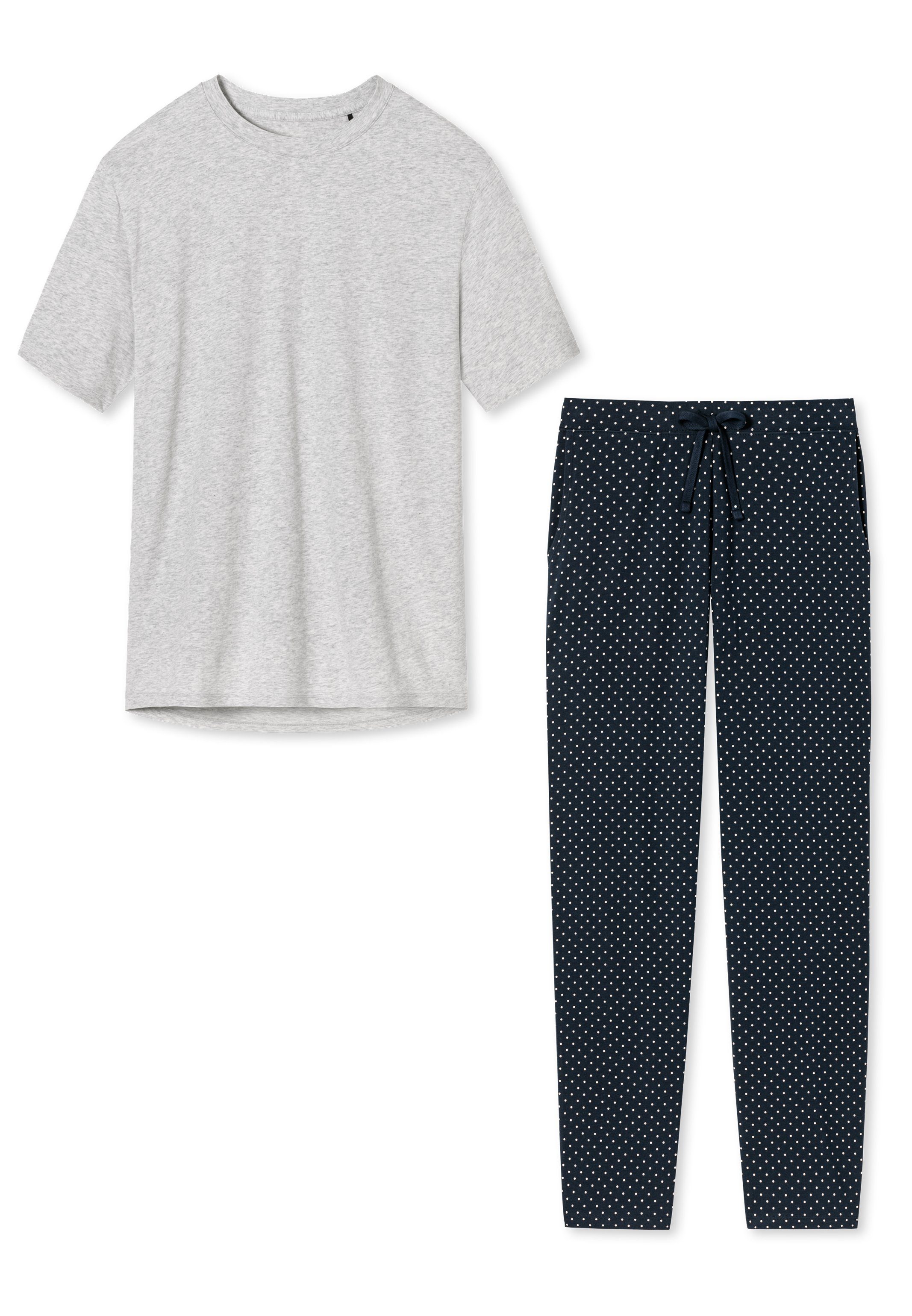 Schiesser Pyjama Organic Cotton - Blau Schlafanzug Grau (Set, - 2 Baumwolle / tlg) gepunktet