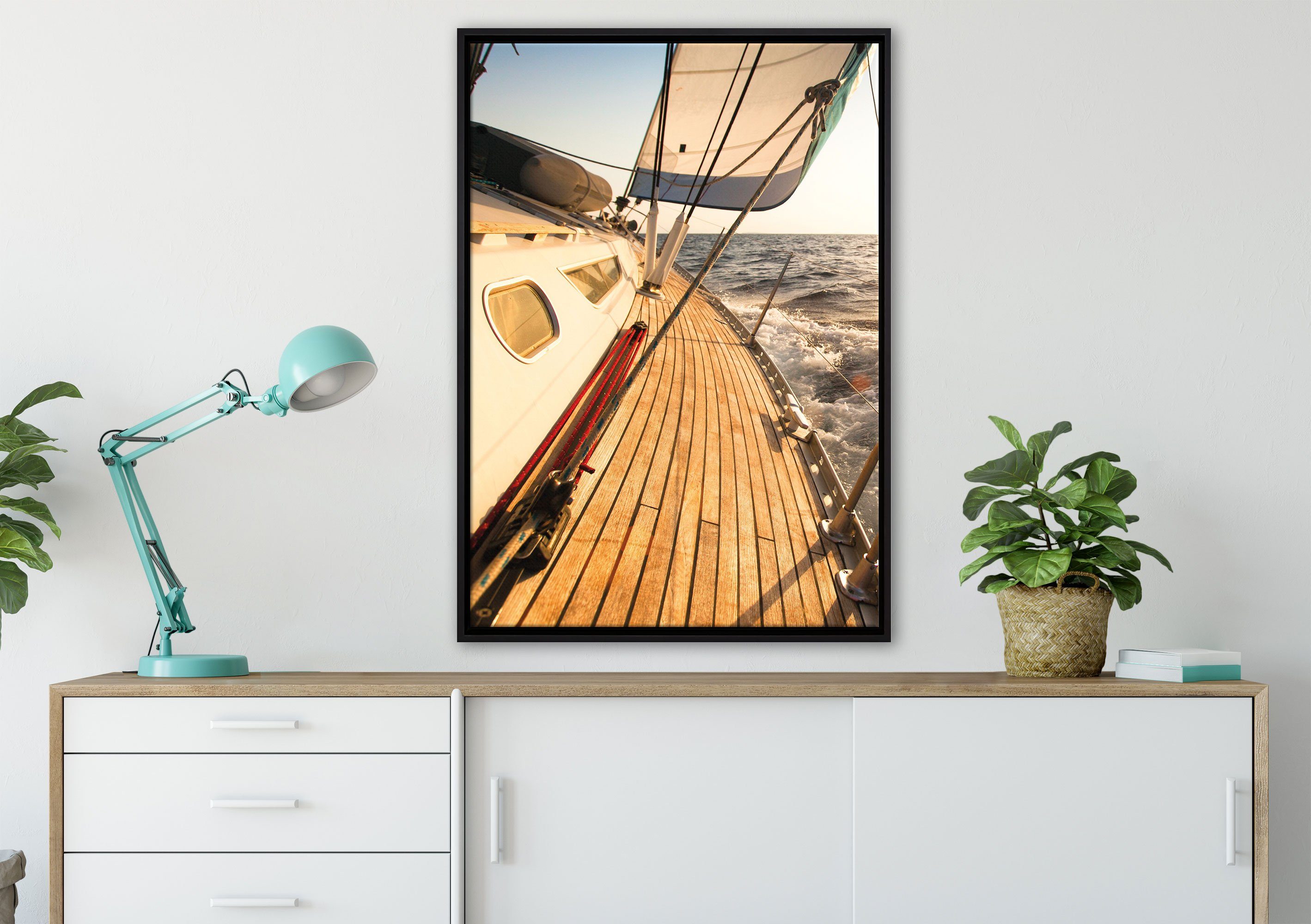 fertig St), einem Meer, inkl. Schattenfugen-Bilderrahmen Leinwandbild bespannt, gefasst, im Segelboot Leinwandbild Wanddekoration Pixxprint in Zackenaufhänger (1