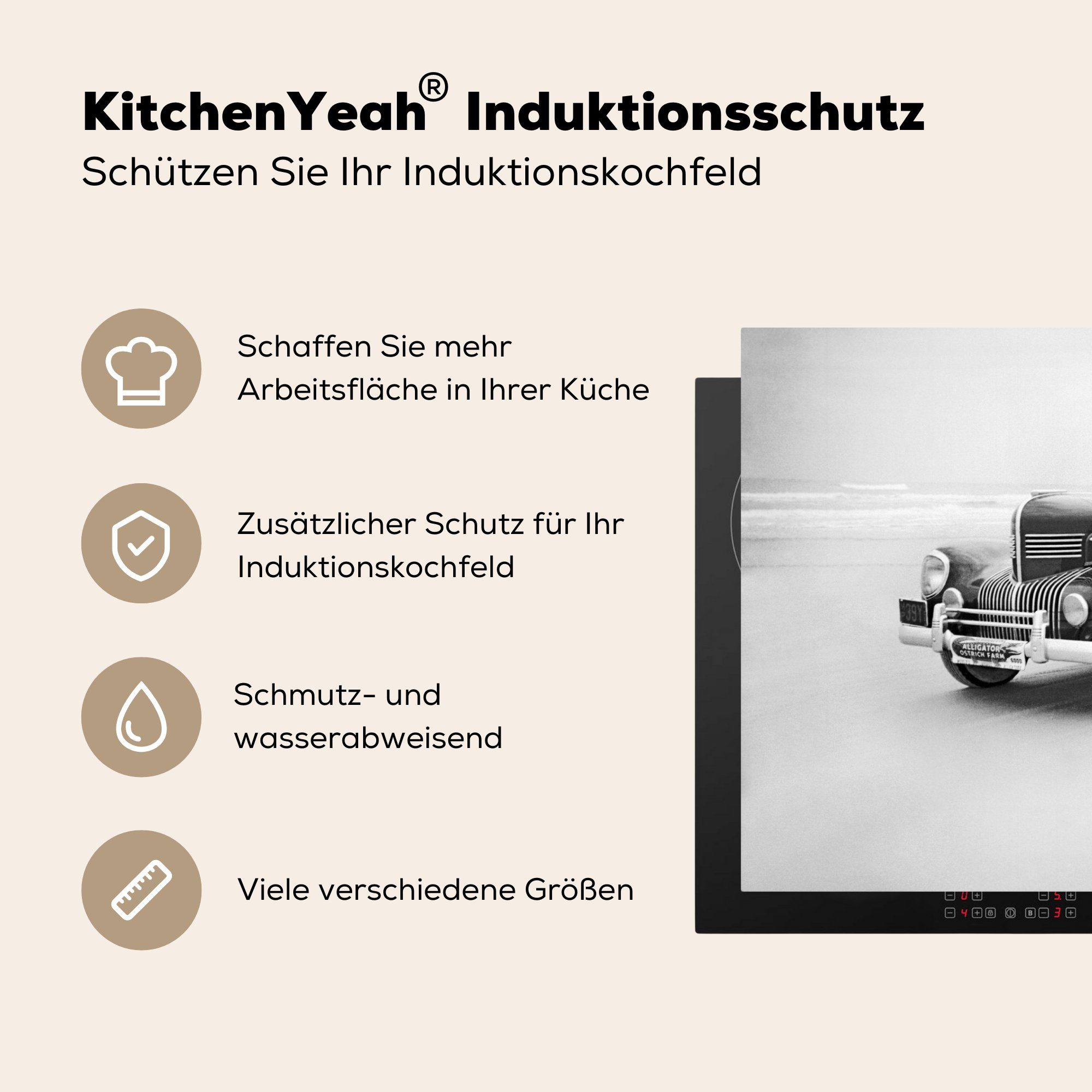 MuchoWow in tlg), küche, cm, Schwarz-Weiß-Bild, die Vinyl, Oldtimer Schutz 81x52 (1 Induktionskochfeld Herdblende-/Abdeckplatte für Ceranfeldabdeckung