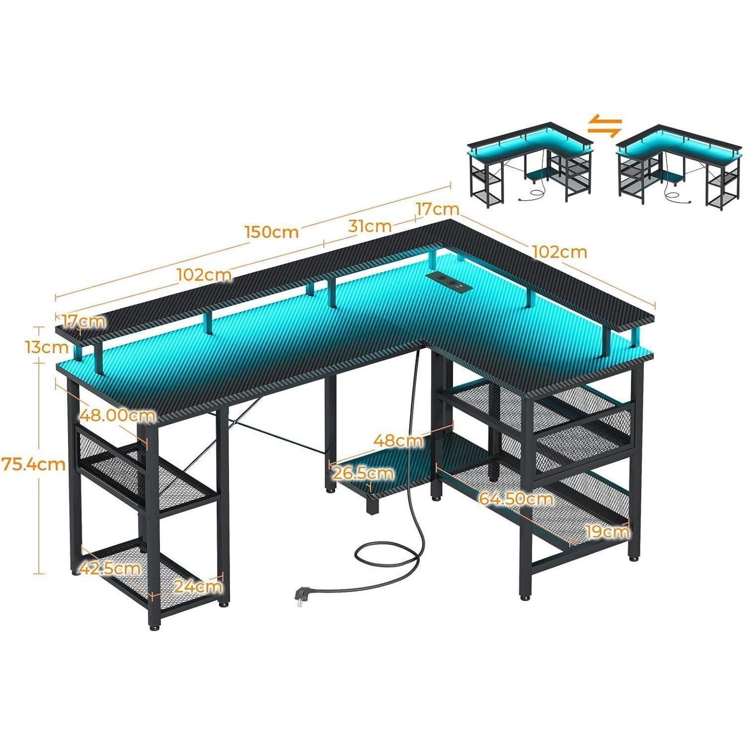 LuxusKollektion Gamingtisch Gaming Eckschreibtisch LED USB Steckdosen Kohlefaser Schwarz 150×102cm