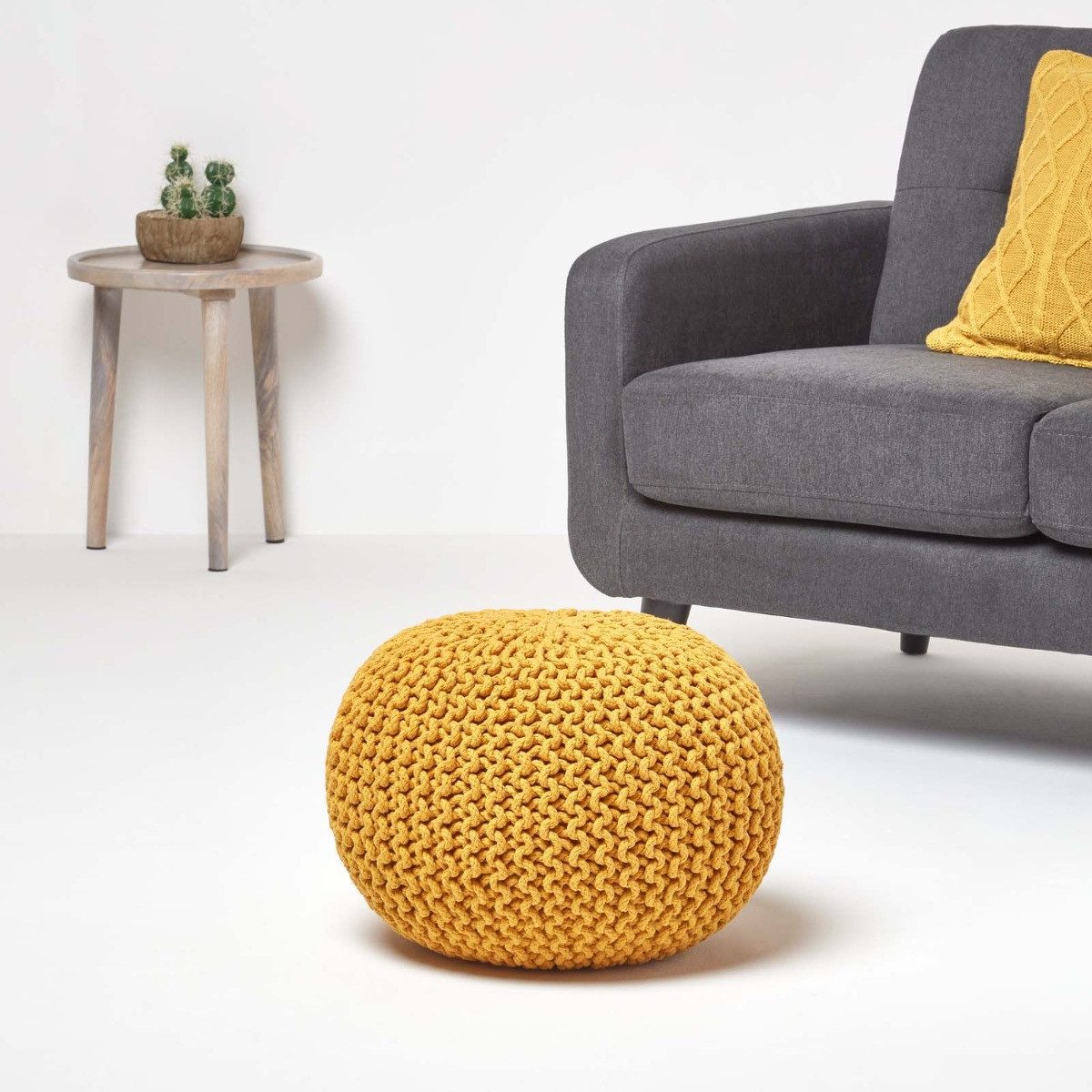 Homescapes Pouf Runder Strickpouf 100% Baumwolle, Senf günstig online kaufen
