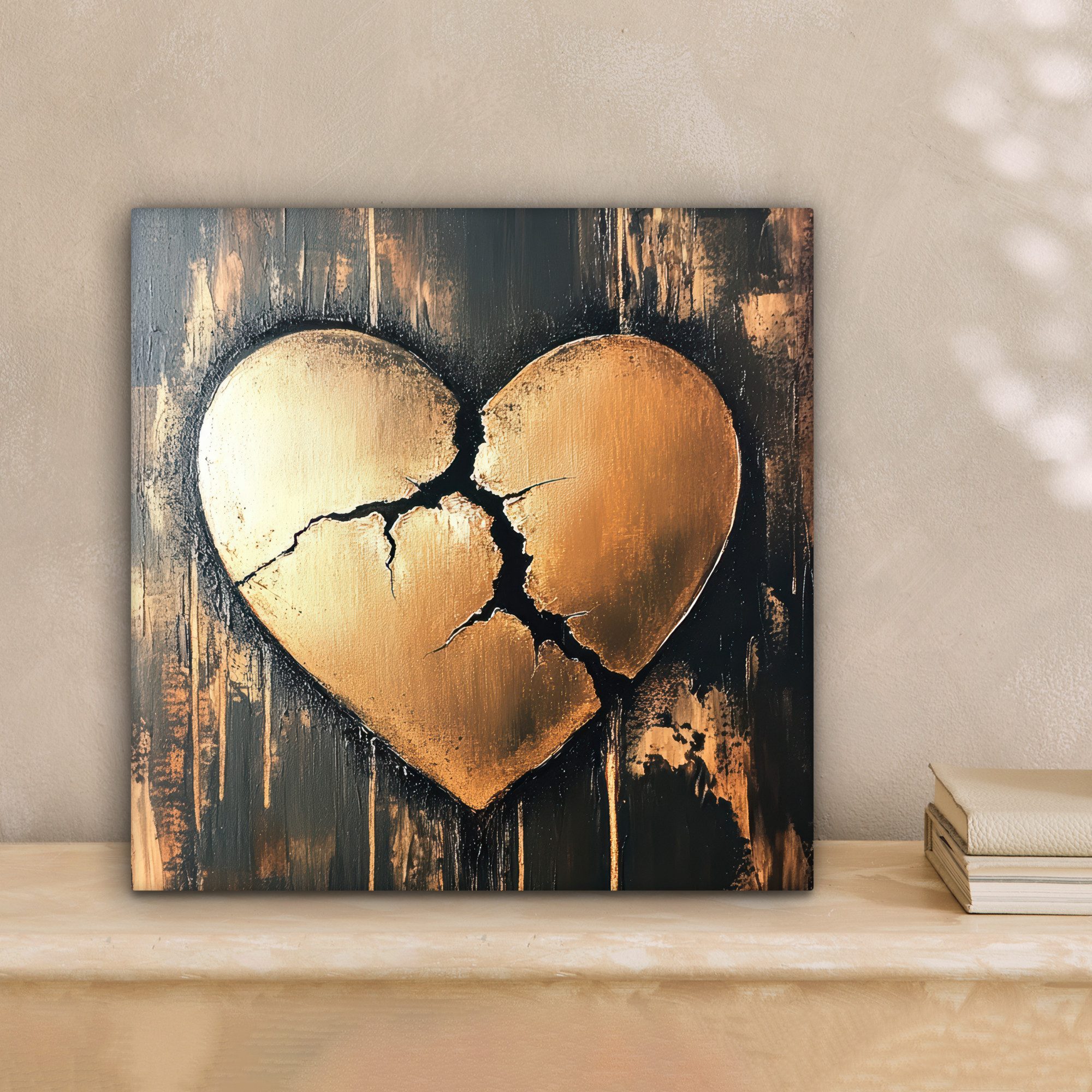 OneMillionCanvasses® Leinwandbild Gebrochenes Herz - Gold - Holzoptik - Lie günstig online kaufen