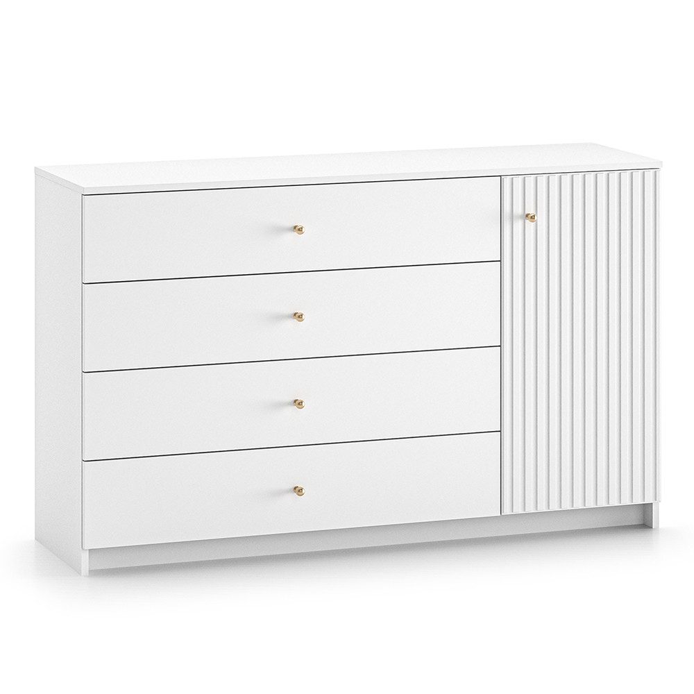 Lomadox Kommode LINNA-131, 138 cm breit, weiß, gerillte Front