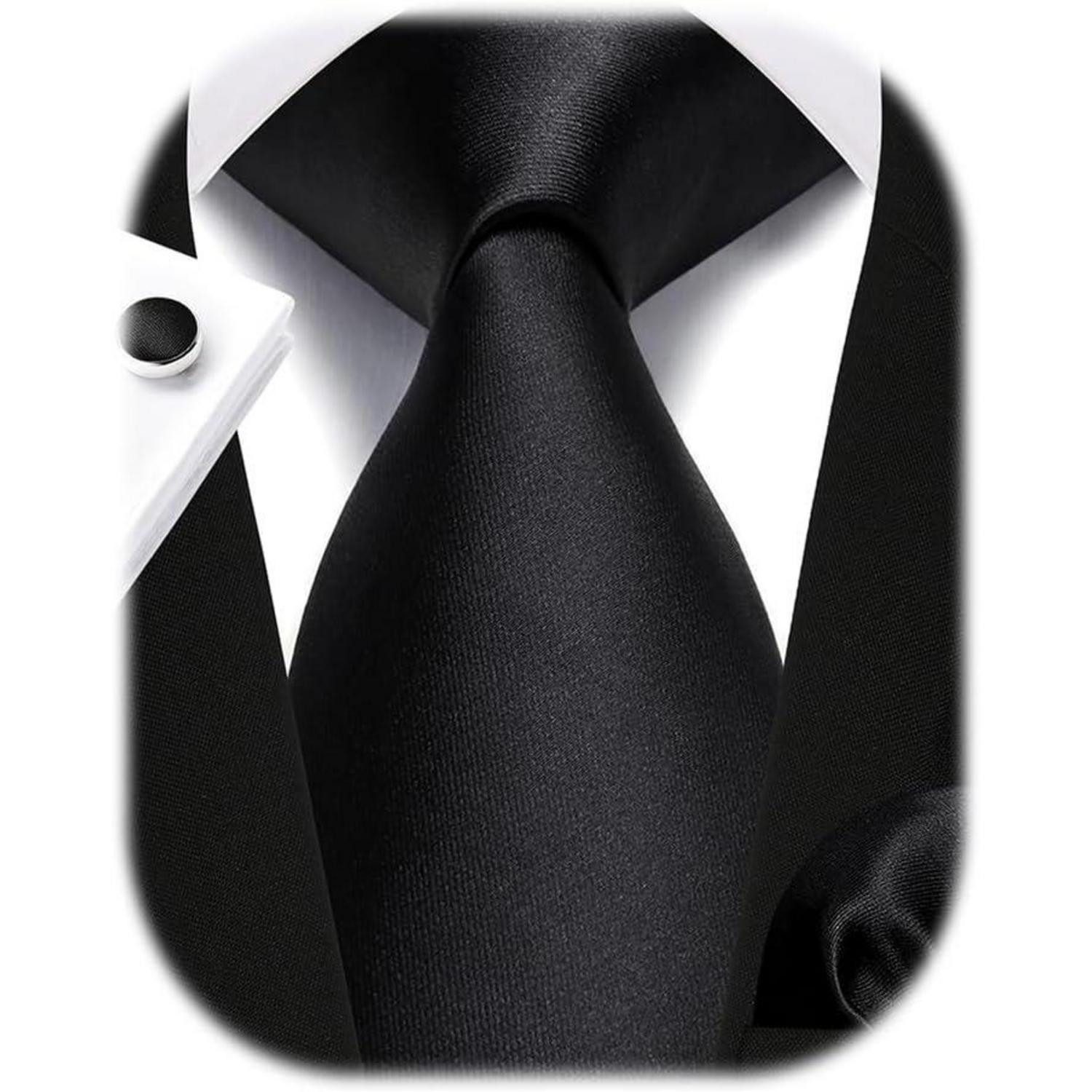LuxusKollektion Krawatte Krawatte Herren Hochzeit Set Einstecktuch Manschettenknopf I Schwarz