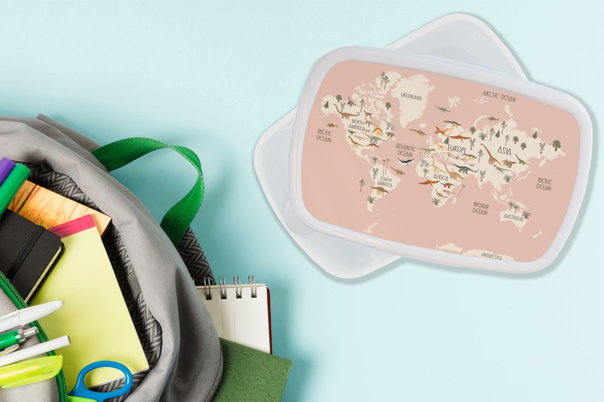 MuchoWow Lunchbox - Kinder Mädchen Weltkarte Erwachsene, Dino's Kunststoff, - und Brotdose, und - Rosa, Brotbox für (2-tlg), - Jungs weiß Kinder Kinderzimmer für Mädchen 